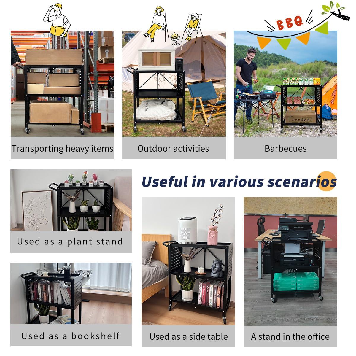 Lumizone 3-Tier Foldable Rolling Tool Cart with Wheels, Utility Cart with Pegboard and Hooks for Garage Organizer and Tool Storage, Power Tool Storage Cart on Wheels (Tool Cart+Hooks)