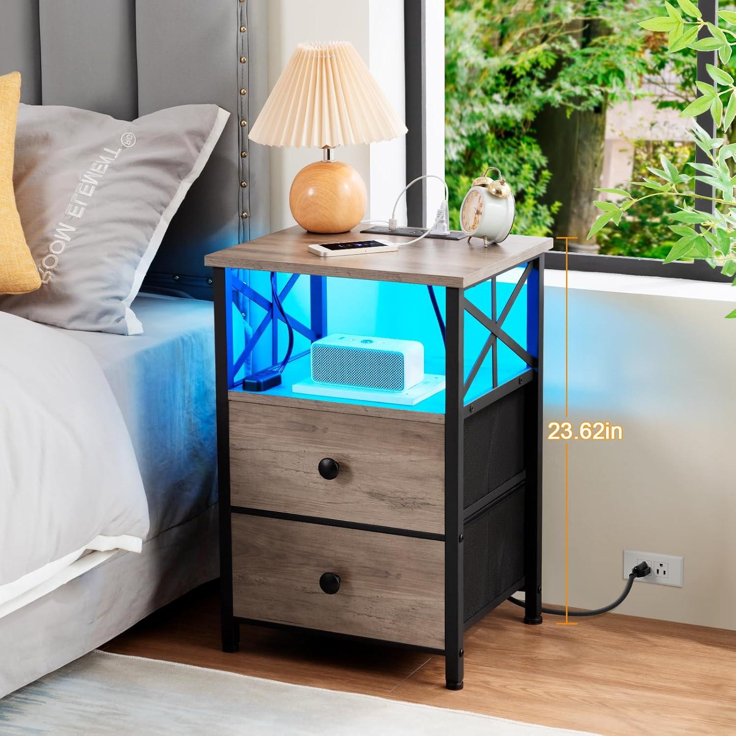 Greige Industrial Nightstand Set with LED and Charging Station