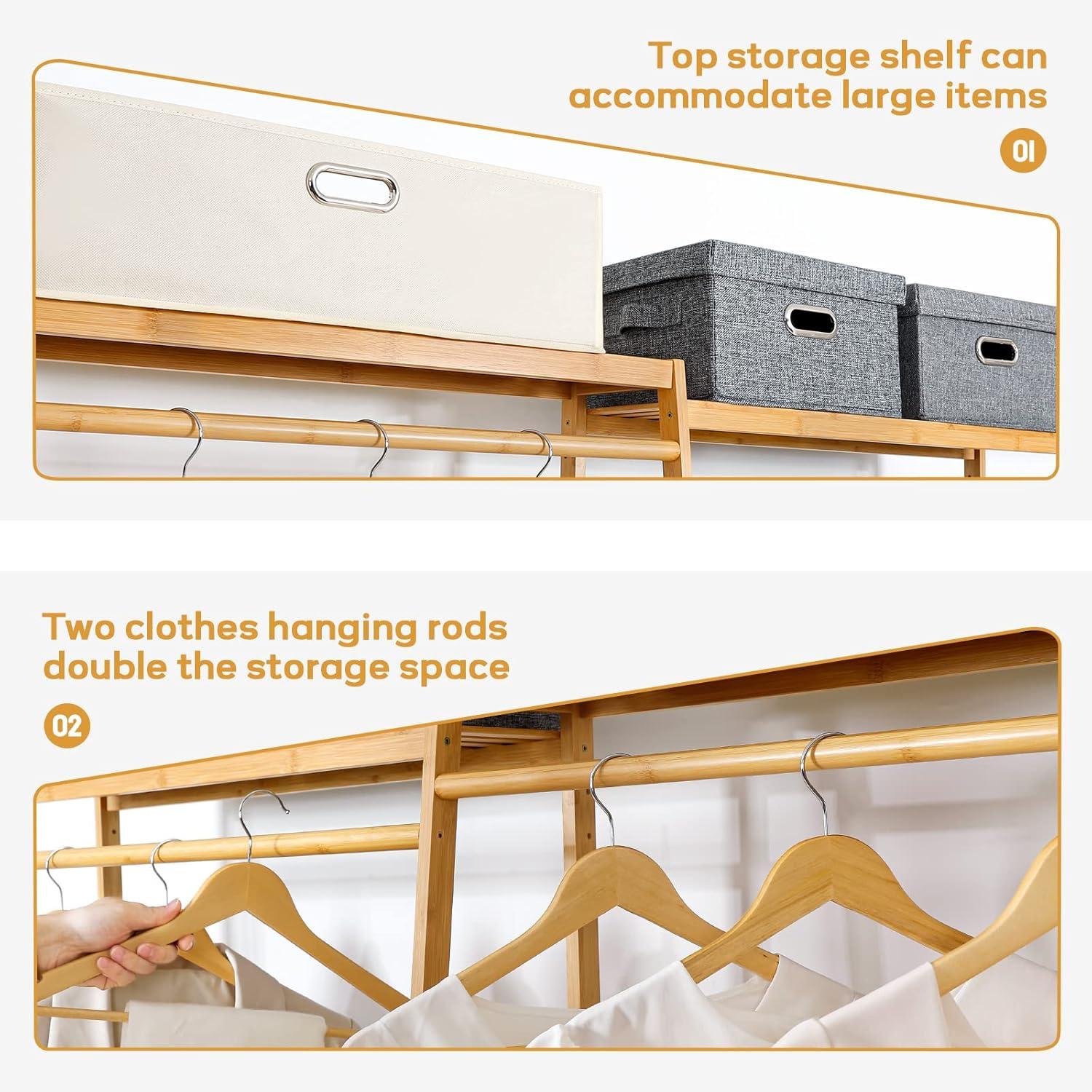 TELOVIN Bamboo Clothes Rack Heavy Duty Garment Racks For Hanging Clothes, Max Load 440Lbs, Freestanding Clothing Rack Closet With 6 Shelves