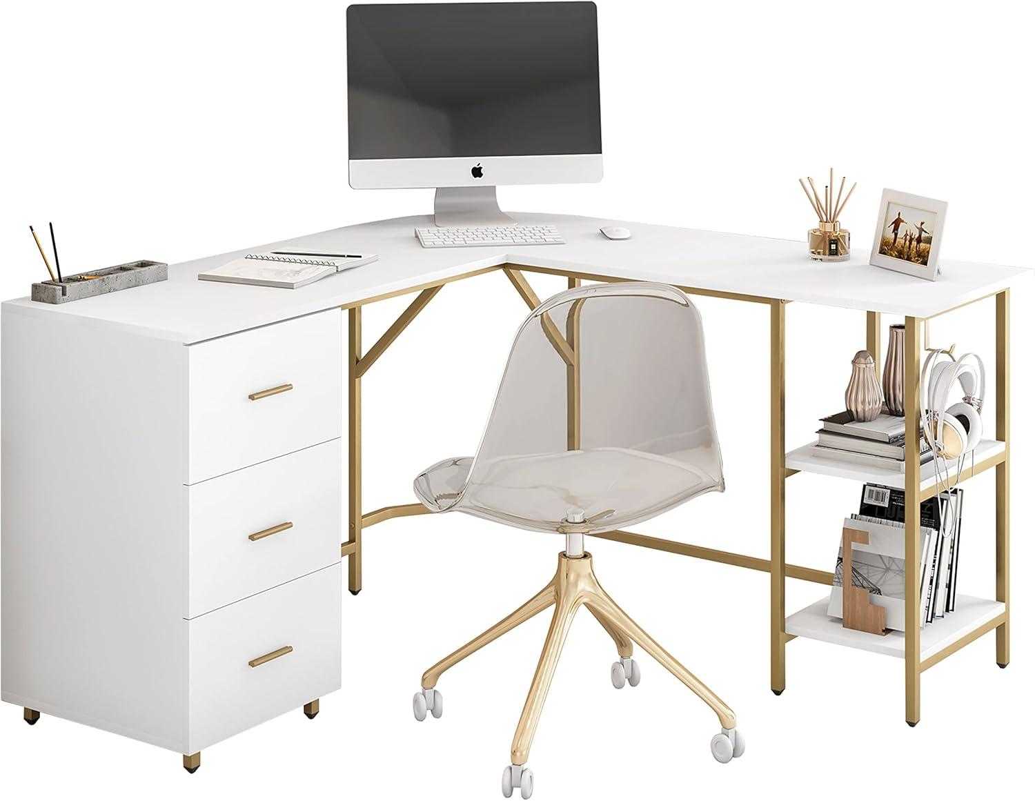 Gold and White L-Shaped Computer Desk with Drawers