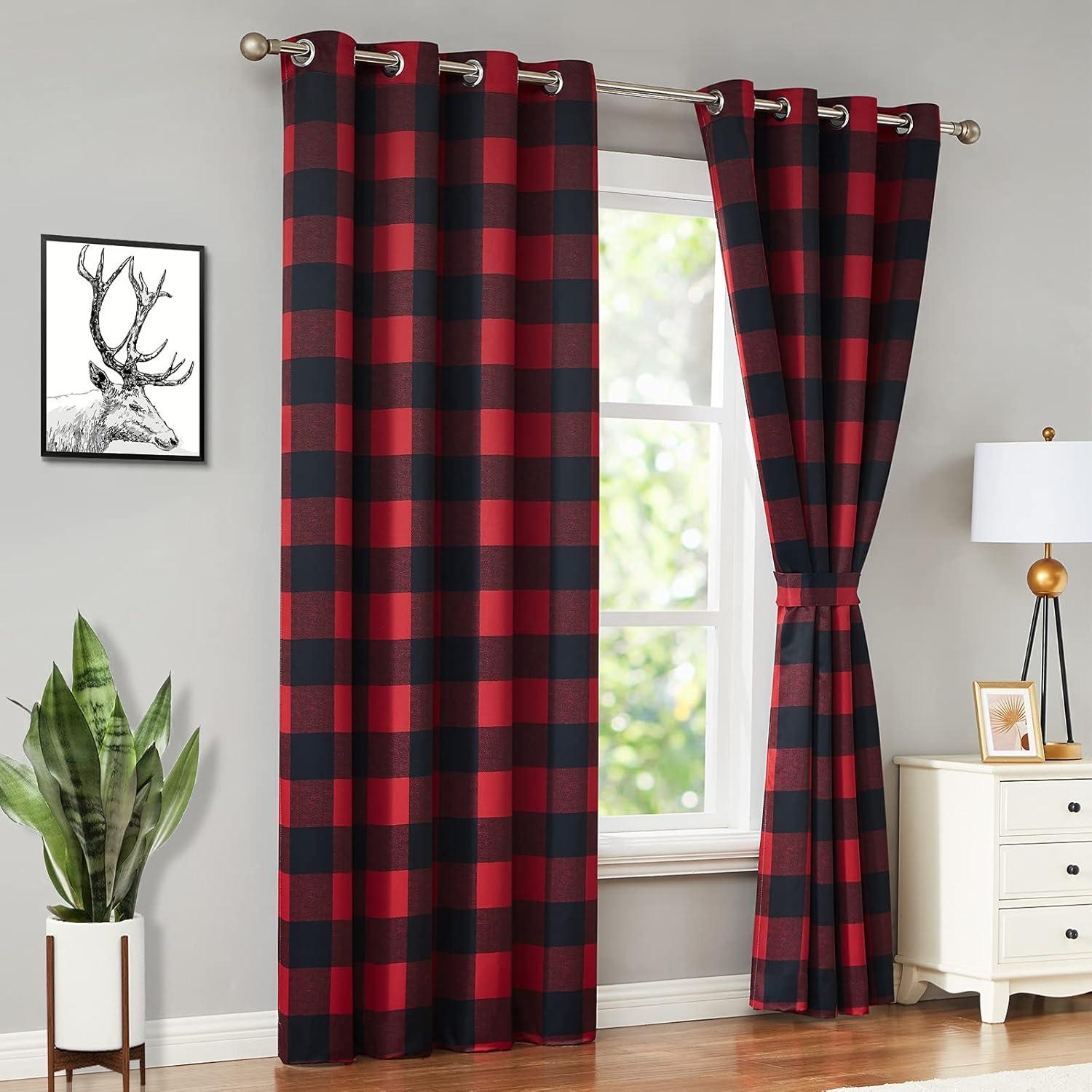 Buffalo Check Plaid Blackout Grommet Curtains, 84" Long, Black Red