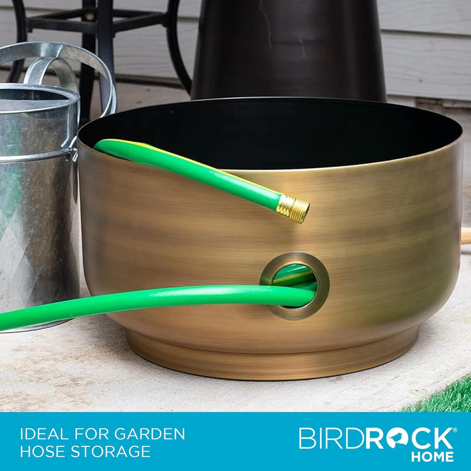 BIRDROCK HOME Decorative Footed Water Hose Holder Pot - Ground Garden Hose Box - Steel - Powdered Coated - Embossed - Steel Metal Hider - Outdoor or Indoor Use (Antique Bronze)