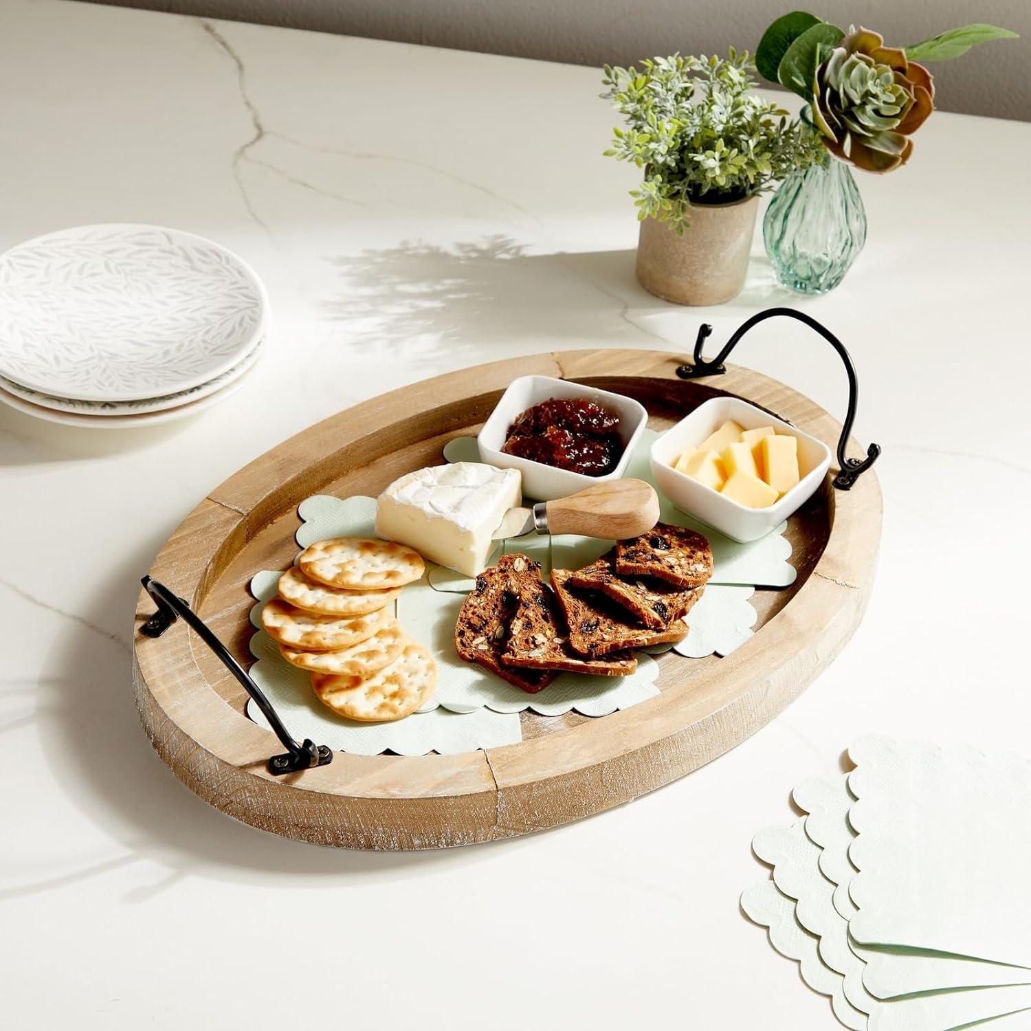 Rustic Oval Wooden Serving Tray with Black Handles