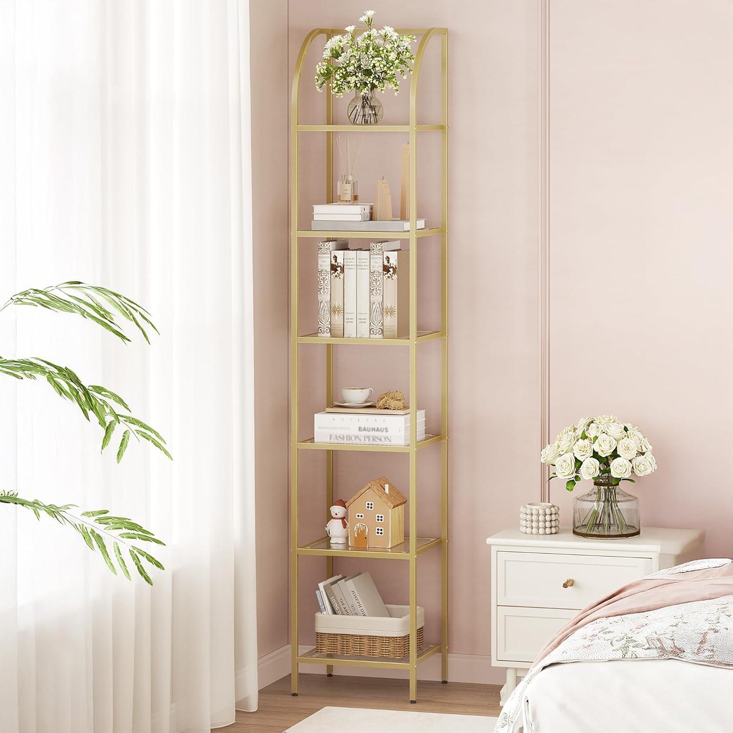 Mercer41 Bookcase Bookshelf, Tempered Glass Arched Bookshelf For More Storage, Slim Shelving Unit For Bedroom, Bathroom, Home Office, Steel Frame, 6 Tier Gold