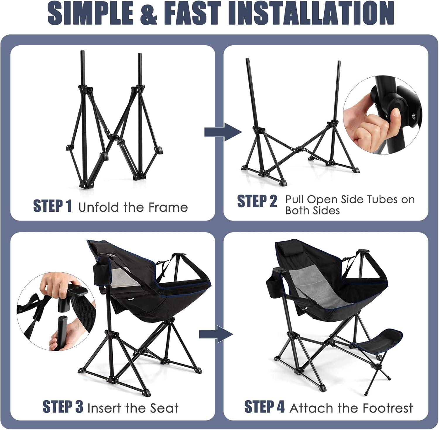 Black Folding Camping Chair with Retractable Footrest