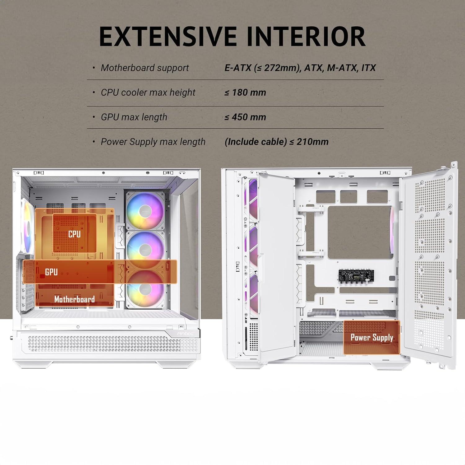 Antec C7 ARGB White, RTX 40 GPU Support, 4 x 120mm ARGB PWM Fans Included, Vertical GPU Cooling, Type-C 10Gbps, Seamless Tempered Glass Front & Side Panels, 360mm Radiator Support, Mid-Tower E-ATX PC