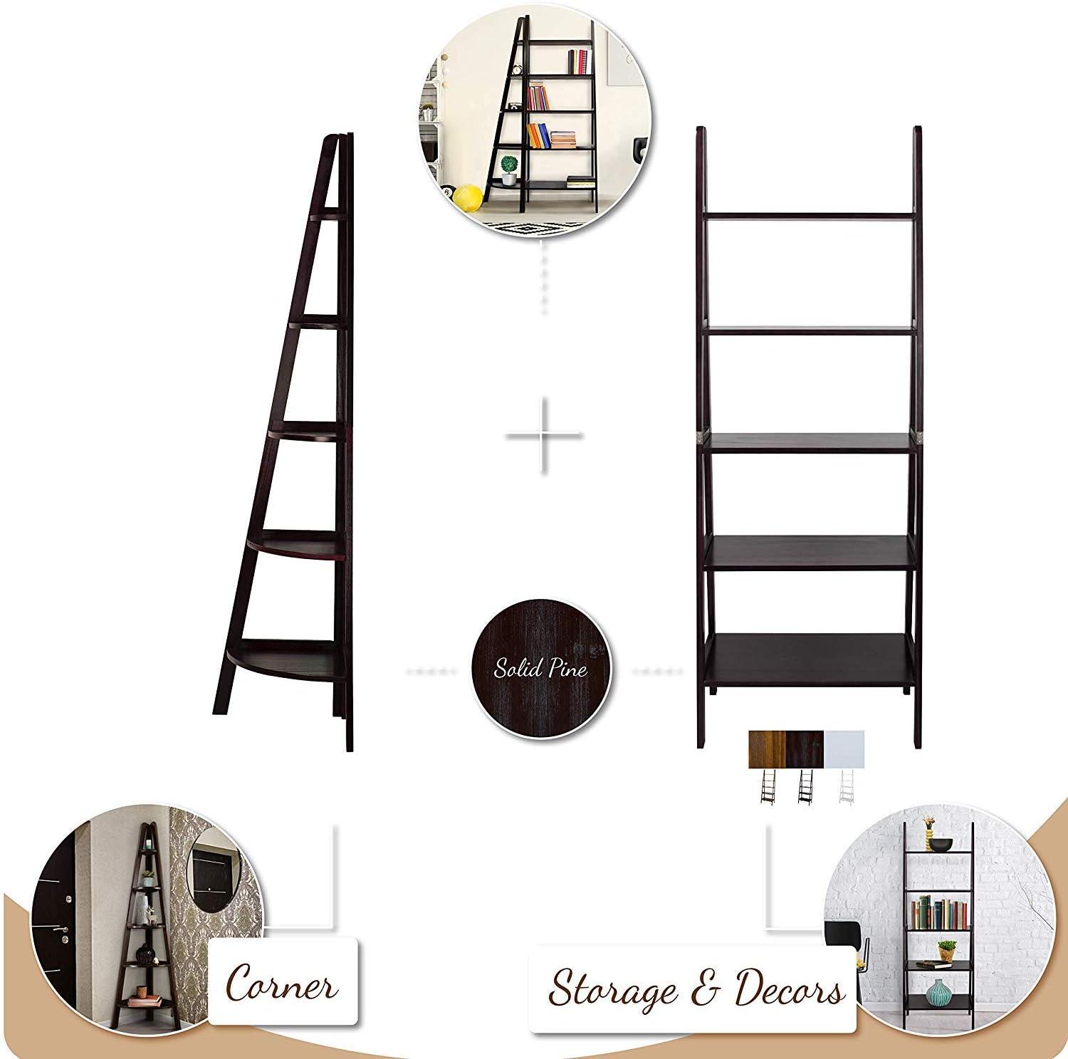 5-Shelf Corner Ladder Bookcase-Espresso