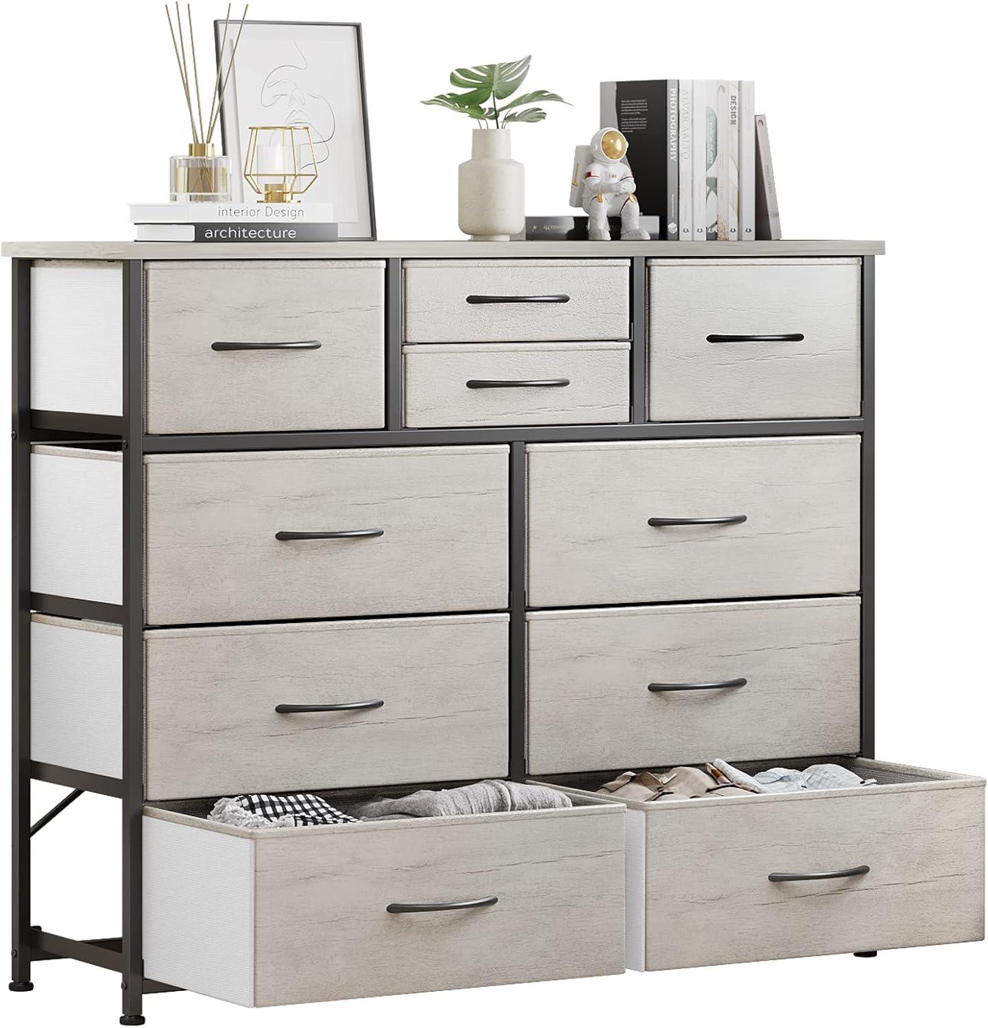 Greige 10-Drawer Fabric Storage Dresser with Steel Frame