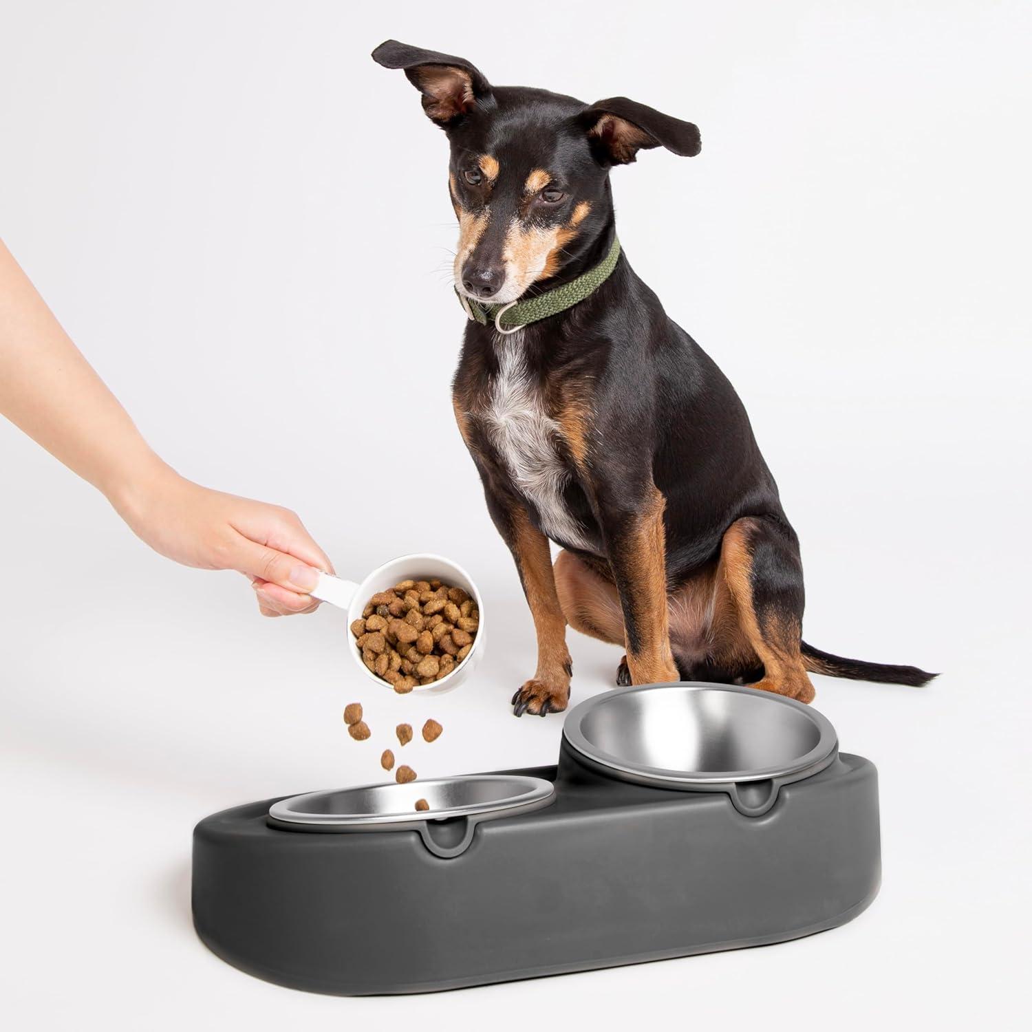 Ubbi Pet Ergonomic Elevated Food and Water Dog Bowl Set with 2 Stainless Steel Bowls, Charcoal Gray