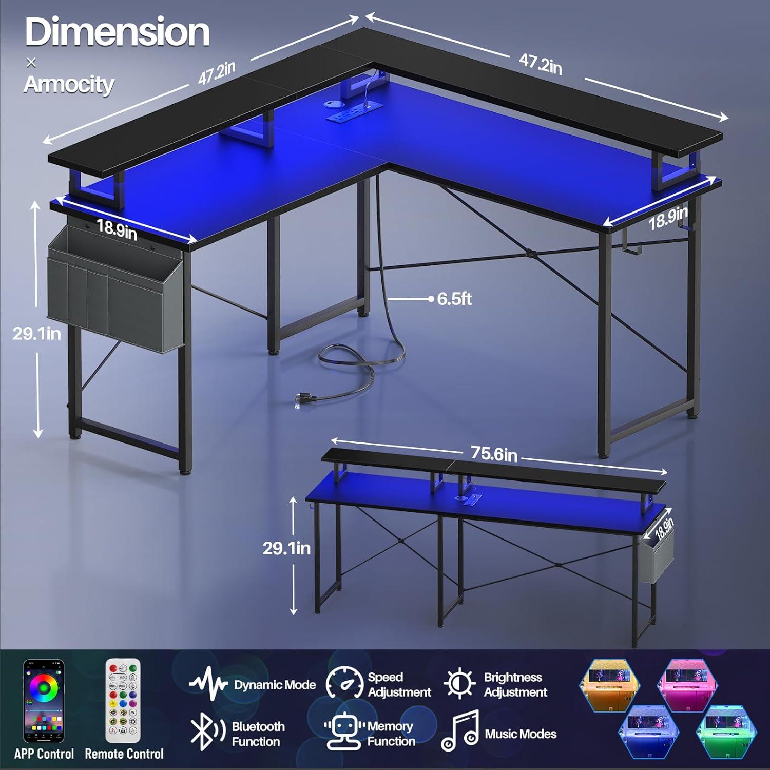 Black L-Shaped Gaming Desk with Power Outlets and Storage