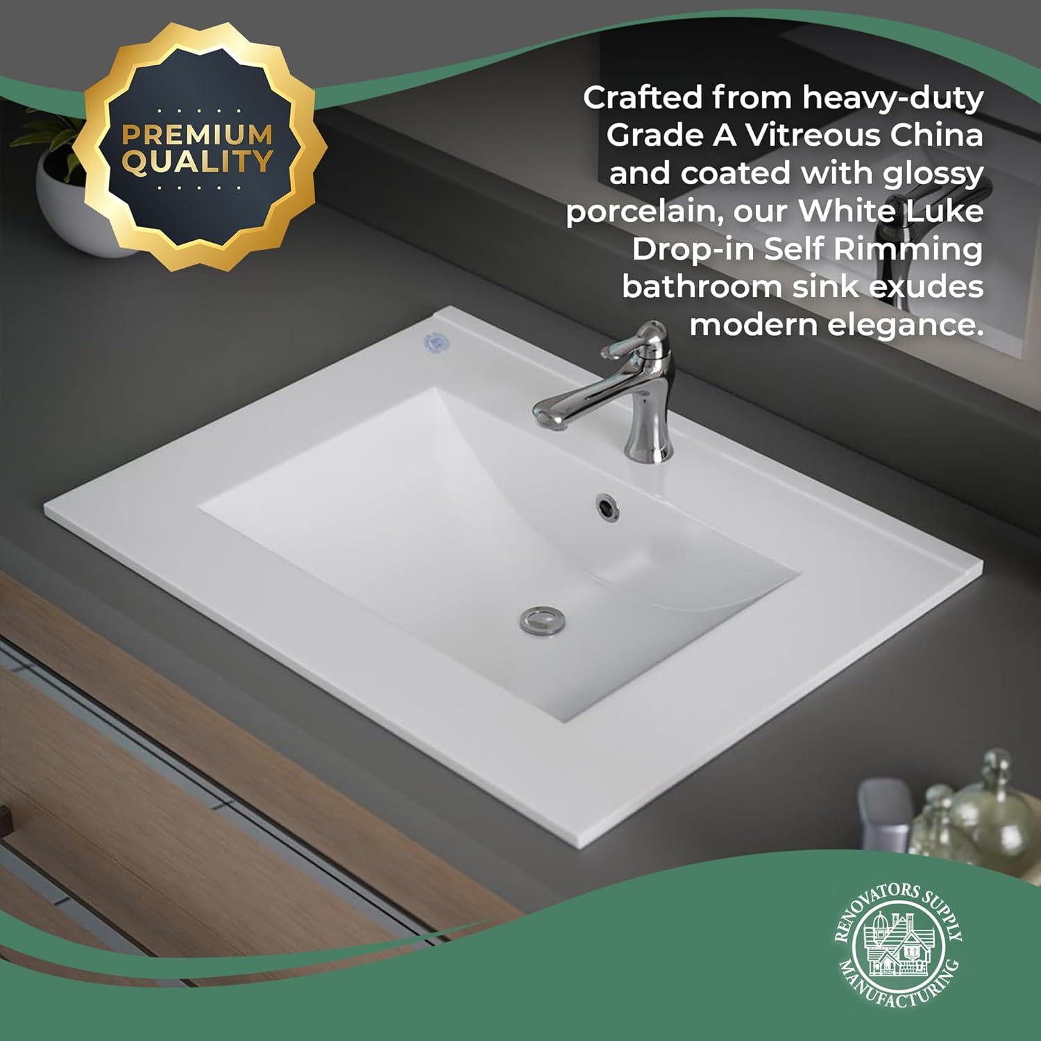 Luke Drop-in Self-Rimming Rectangular Bathroom Sink in White w/Overflow Luke Square Drop-In Bathroom Sink White | Renovators Supply