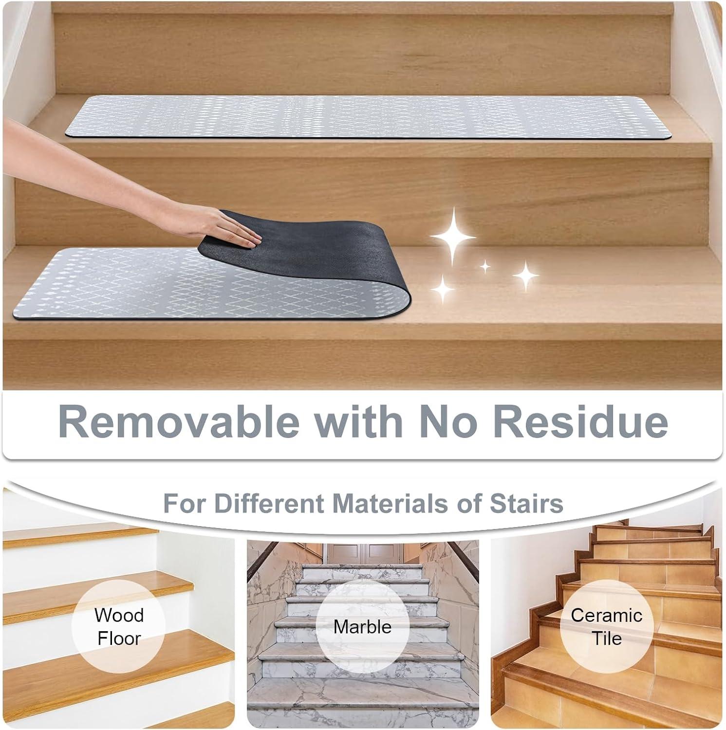 Bungalow Rose Stair Treads Non Slip For Wooden Steps, 15PCS 8"X30" Grey Rubber Backing Stair Runner Mats, Washable Reusable Carpet For Stairs Rugs Indoor Safety Staircase Step Treads For Kids Elders Dogs