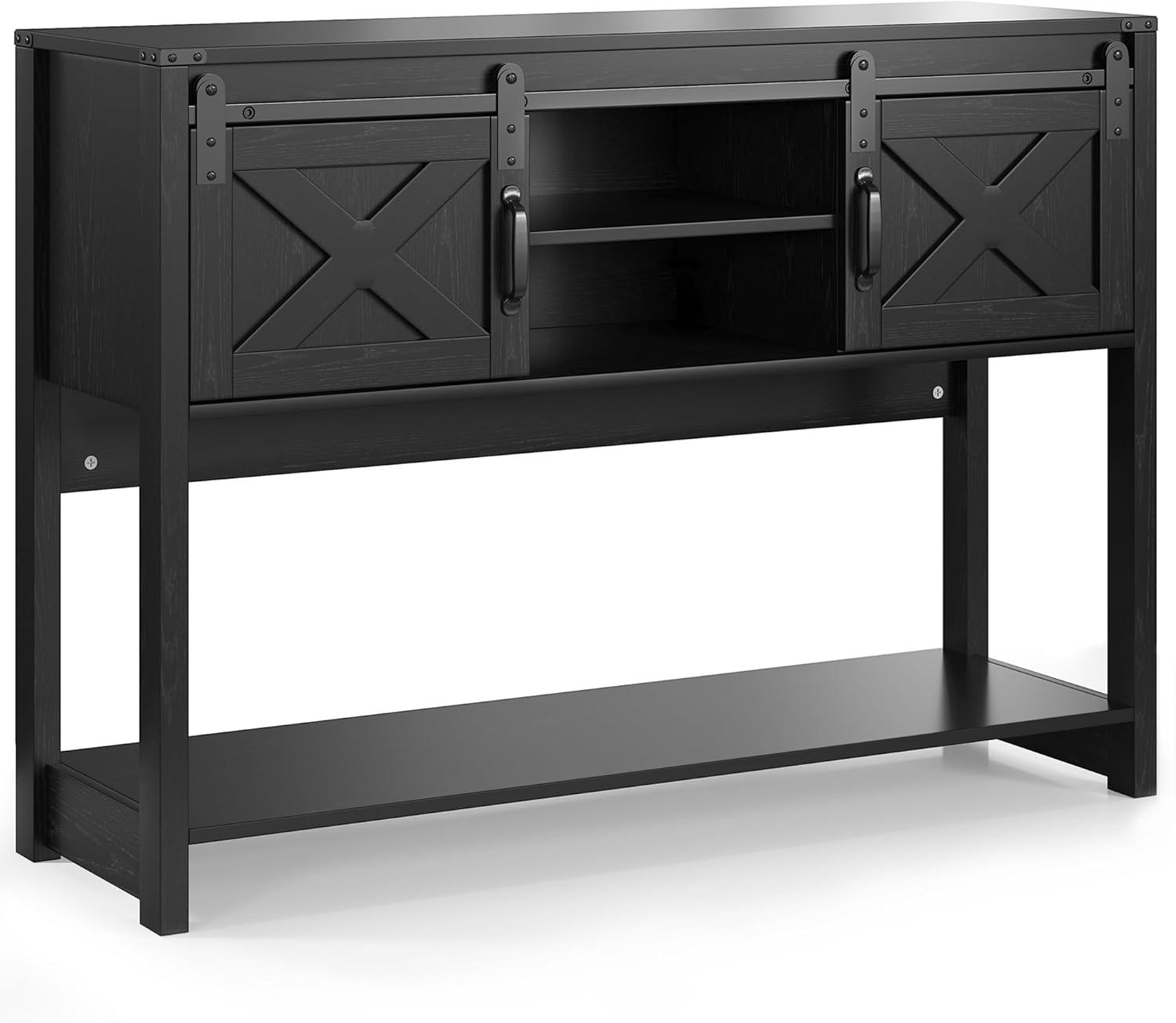 Black Engineered Wood Console Table with Sliding Barn Doors and Storage