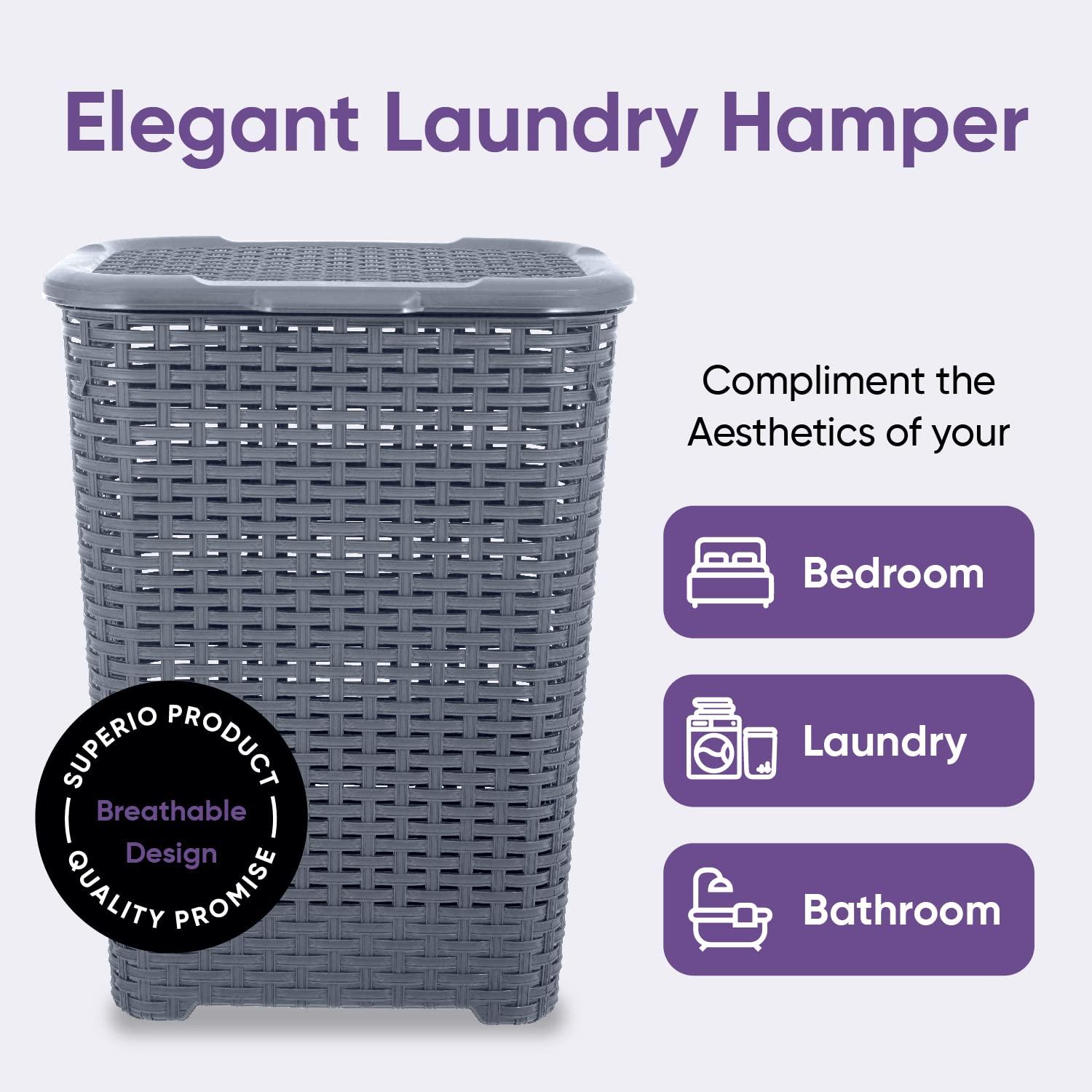 Laundry Basket, Laundry Hamper with Lid, Large 60-liter Wicker Style Hamper with Cutout Handle, to Storage Dirty Clothes in Washroom, Bathroom, Bedroom, or Dorm Room, Grey Color. By Superio