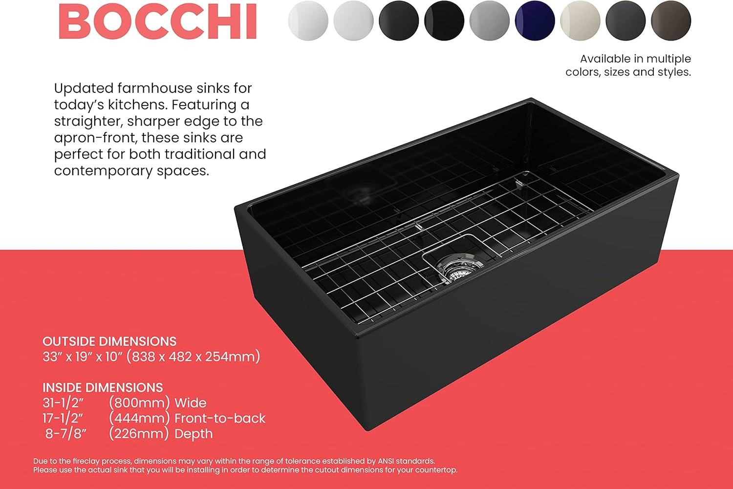 BOCCHI Contempo Farmhouse Apron Front Fireclay 33 in. Single Bowl Kitchen Sink with Protective Bottom Grid and Strainer in Matte Gray