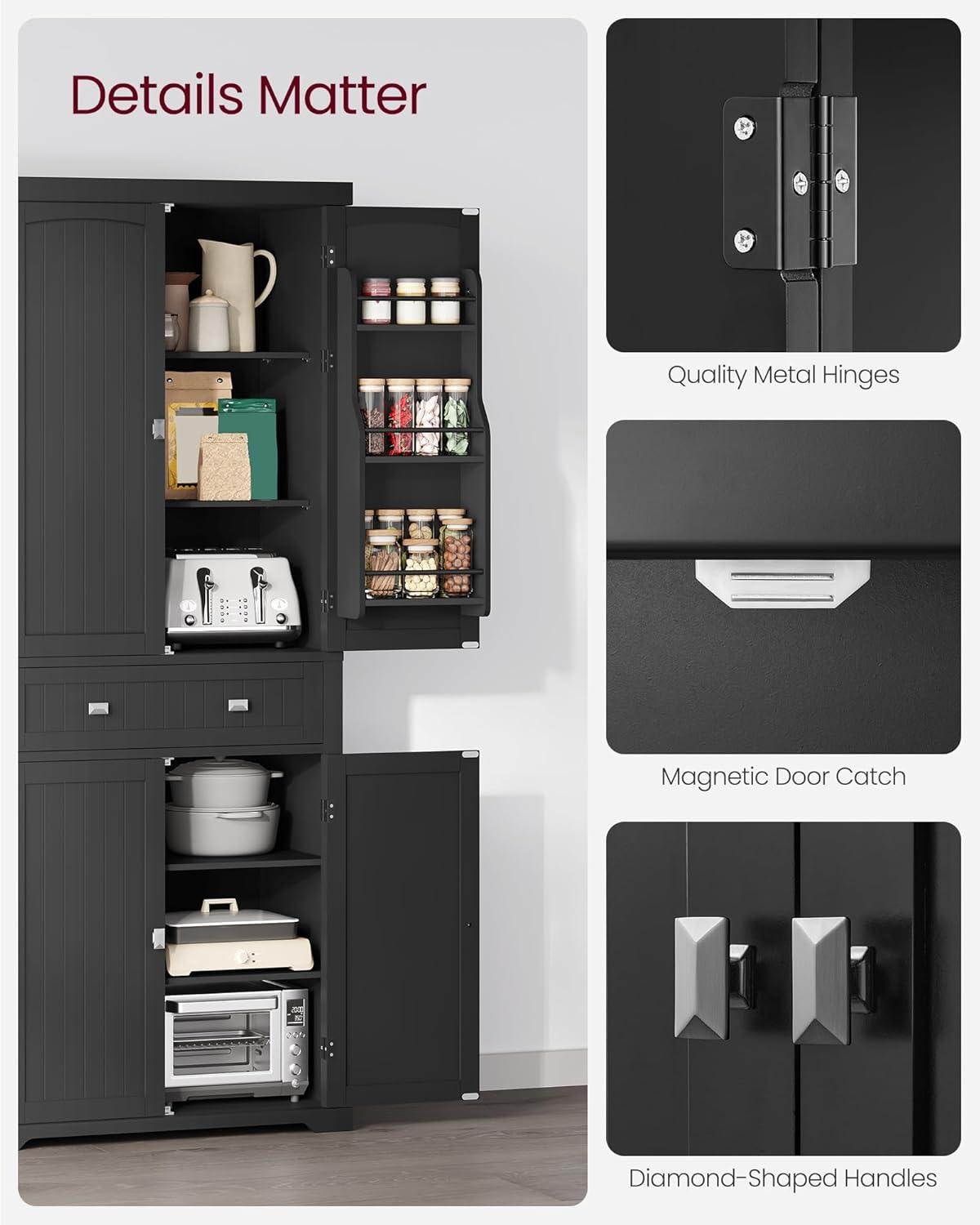 Ink Black Tall Freestanding Kitchen Pantry Cabinet with Adjustable Shelves