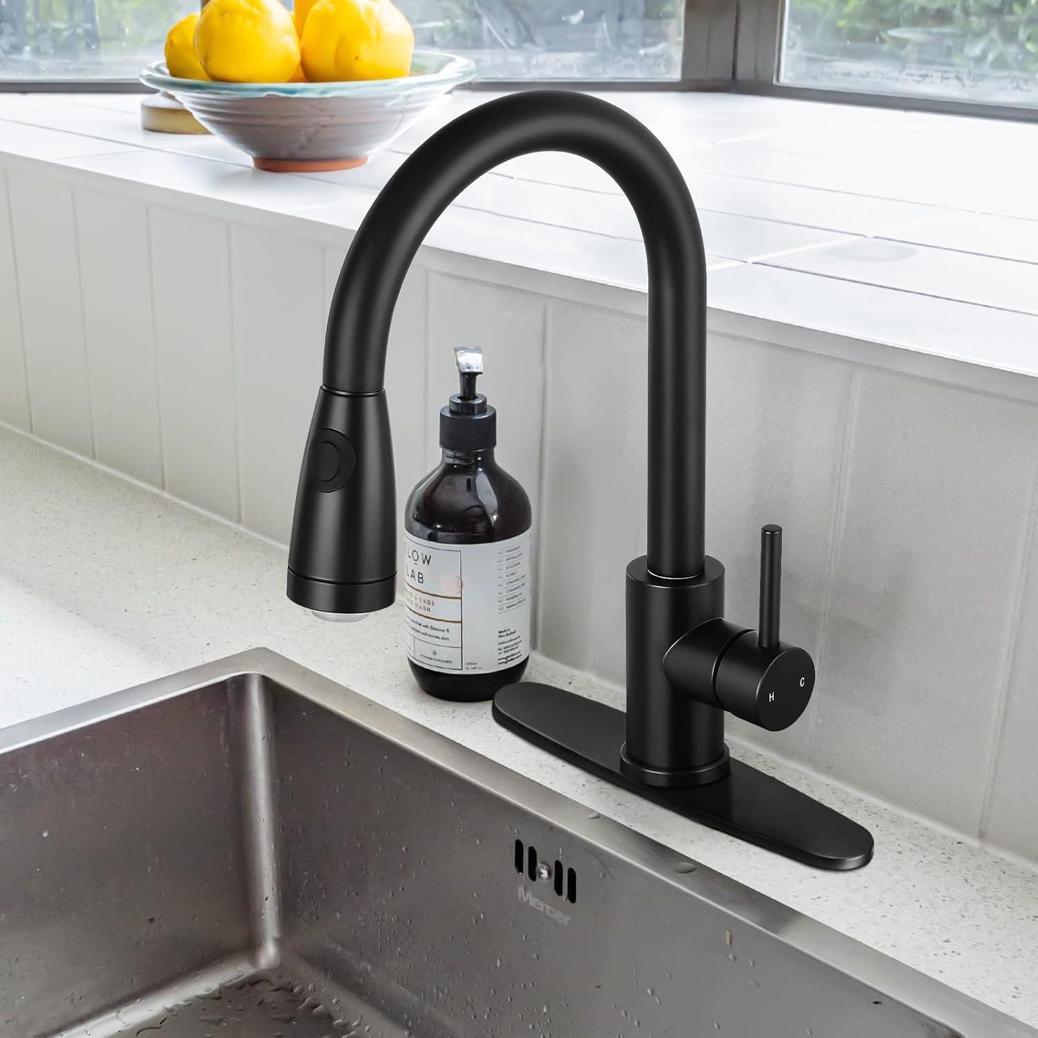 Matte Black Stainless Steel High-Arc Kitchen Faucet with LED Pull-Out Spray