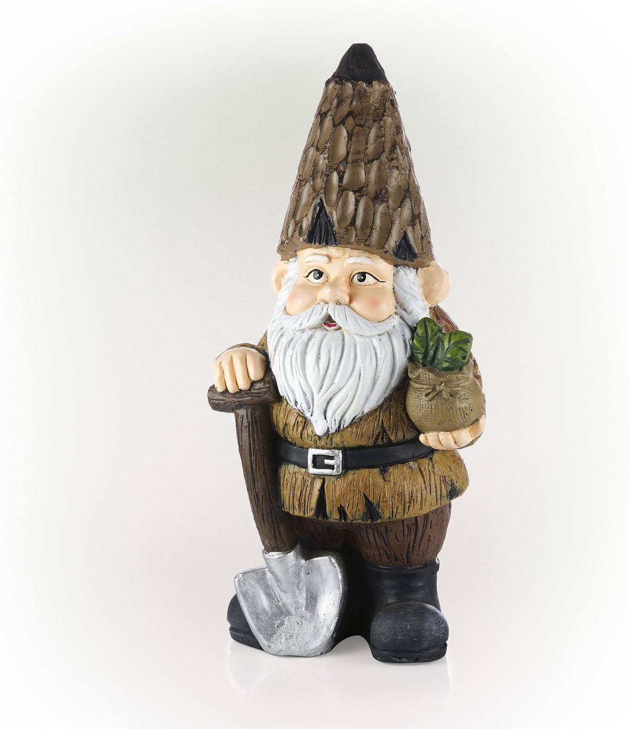 Alpine Corporation 7" x 6" x 16" Polystone Gnome with Shovel Garden Statue, Brown
