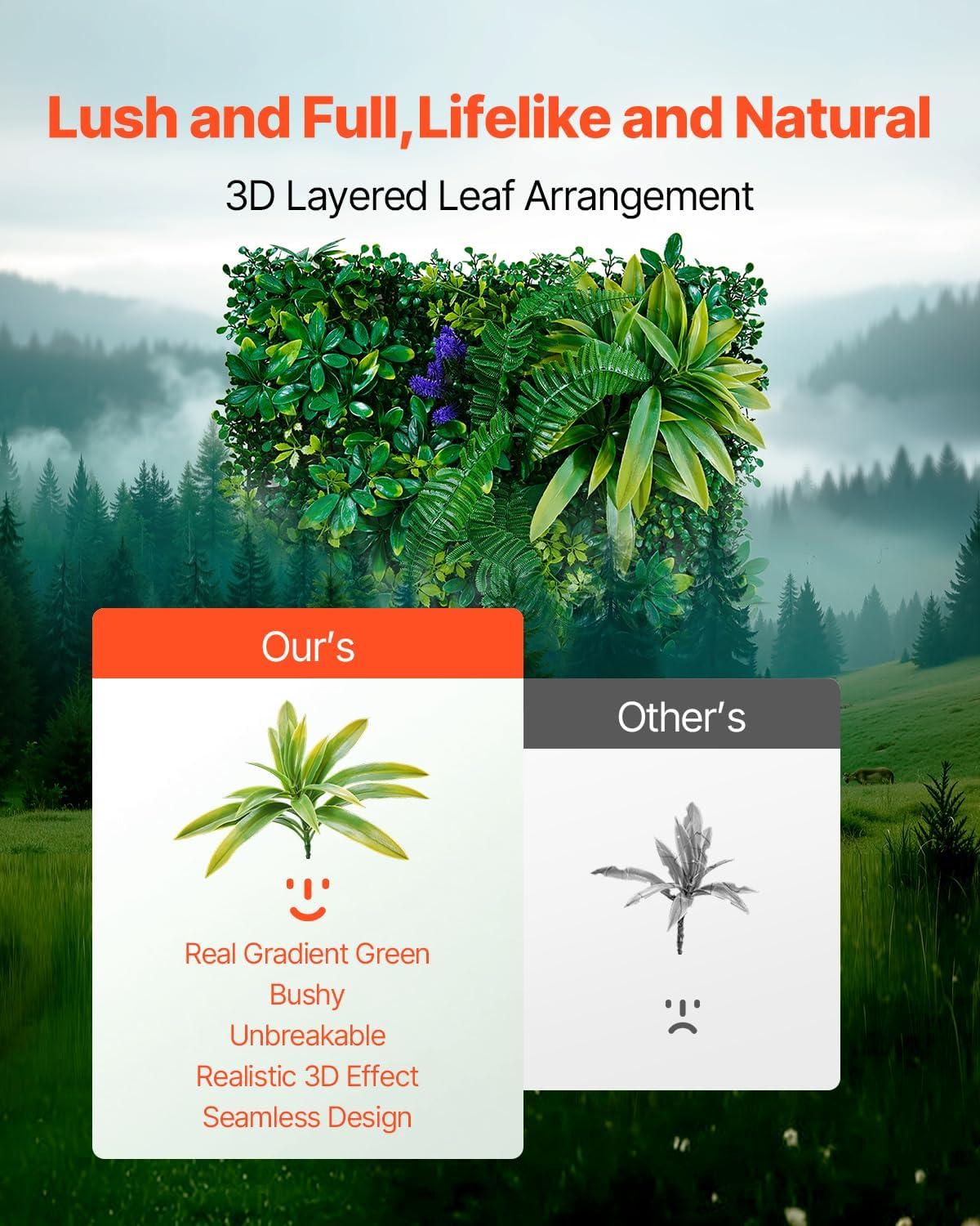 VEVOR Artificial Grass Wall Panels, 12 PCS 20 x 20 inch, 3D Combination Greenery Boxwood Panel for Indoor Outdoor Green Decor & Ivy Fence Covering, Privacy Backdrop Wall Hedge Screen for Garden