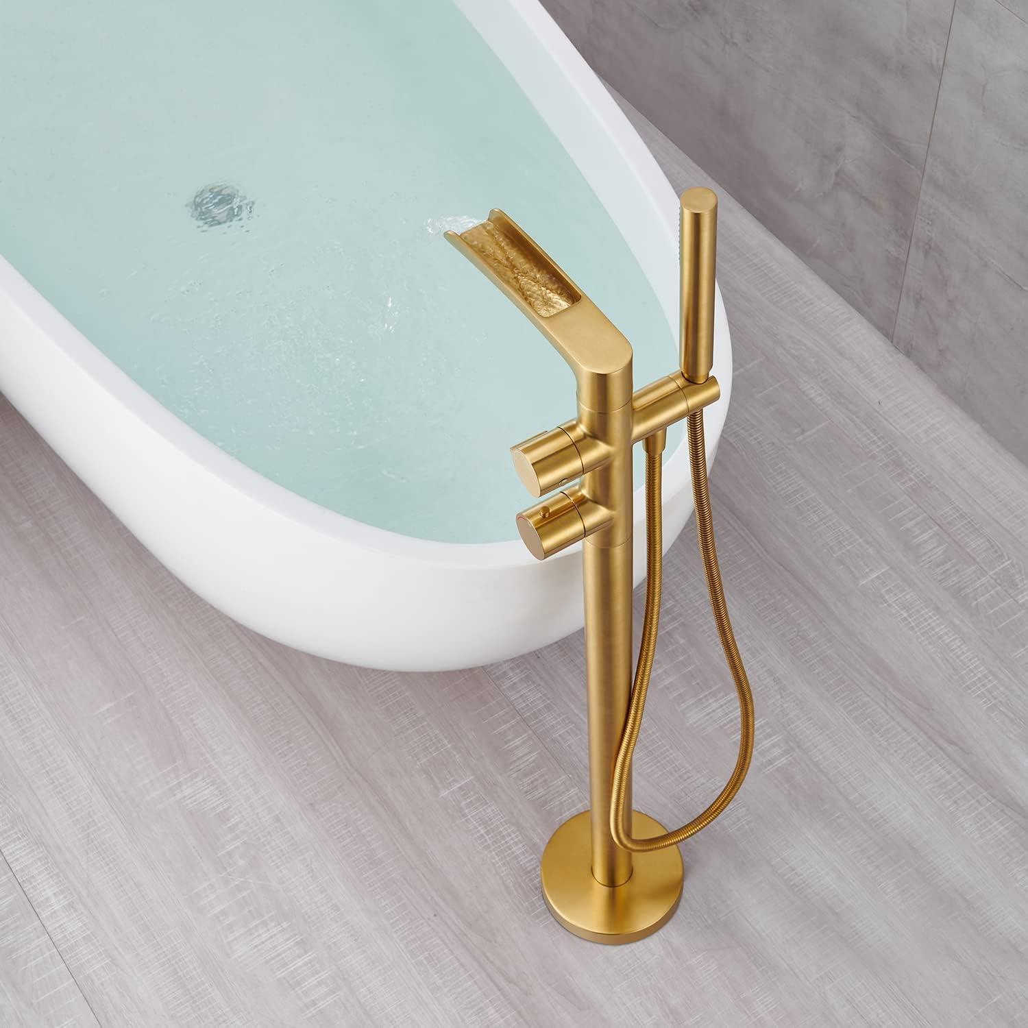 MOGFCT Waterfall Freestanding Bathtub Faucet Set Single Handle Floor Mount Tub Filler with Hand Shower ,Matte Black
