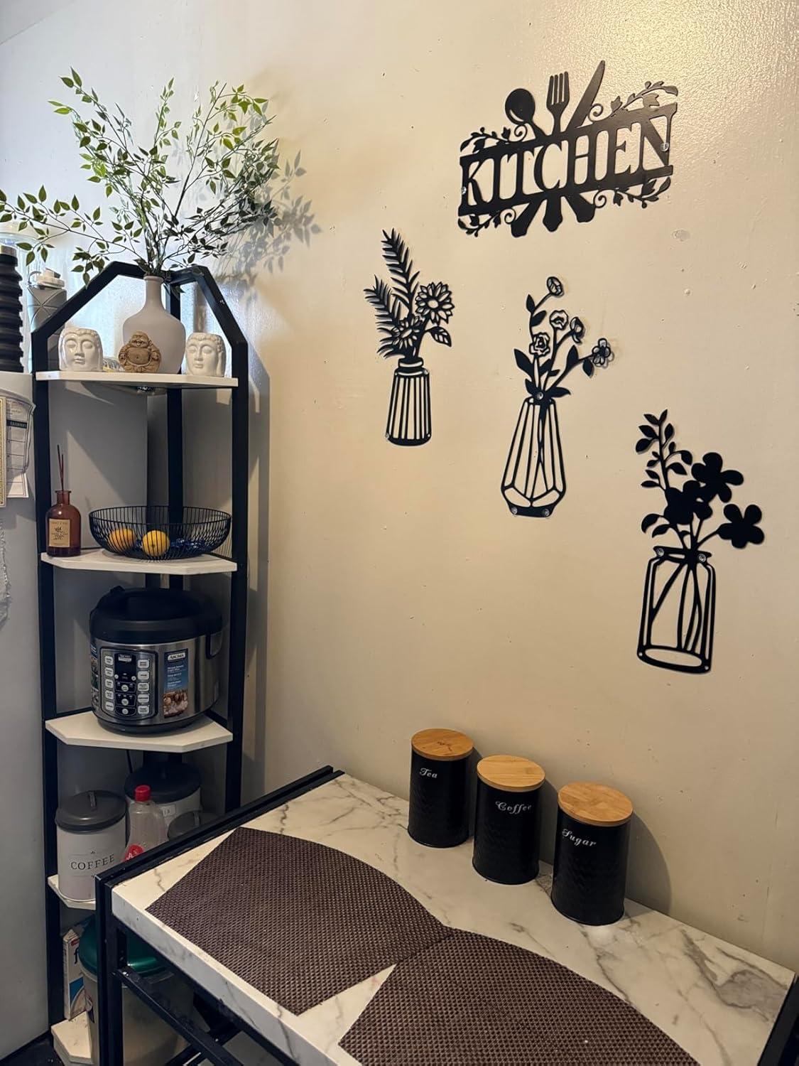 3 Pieces Black Metal Flowers Wall Decor Vase Art Sculptures Hanging for Indoor Kitchen Bathroom Dining Room Patio, 14.56x7.48 Inches