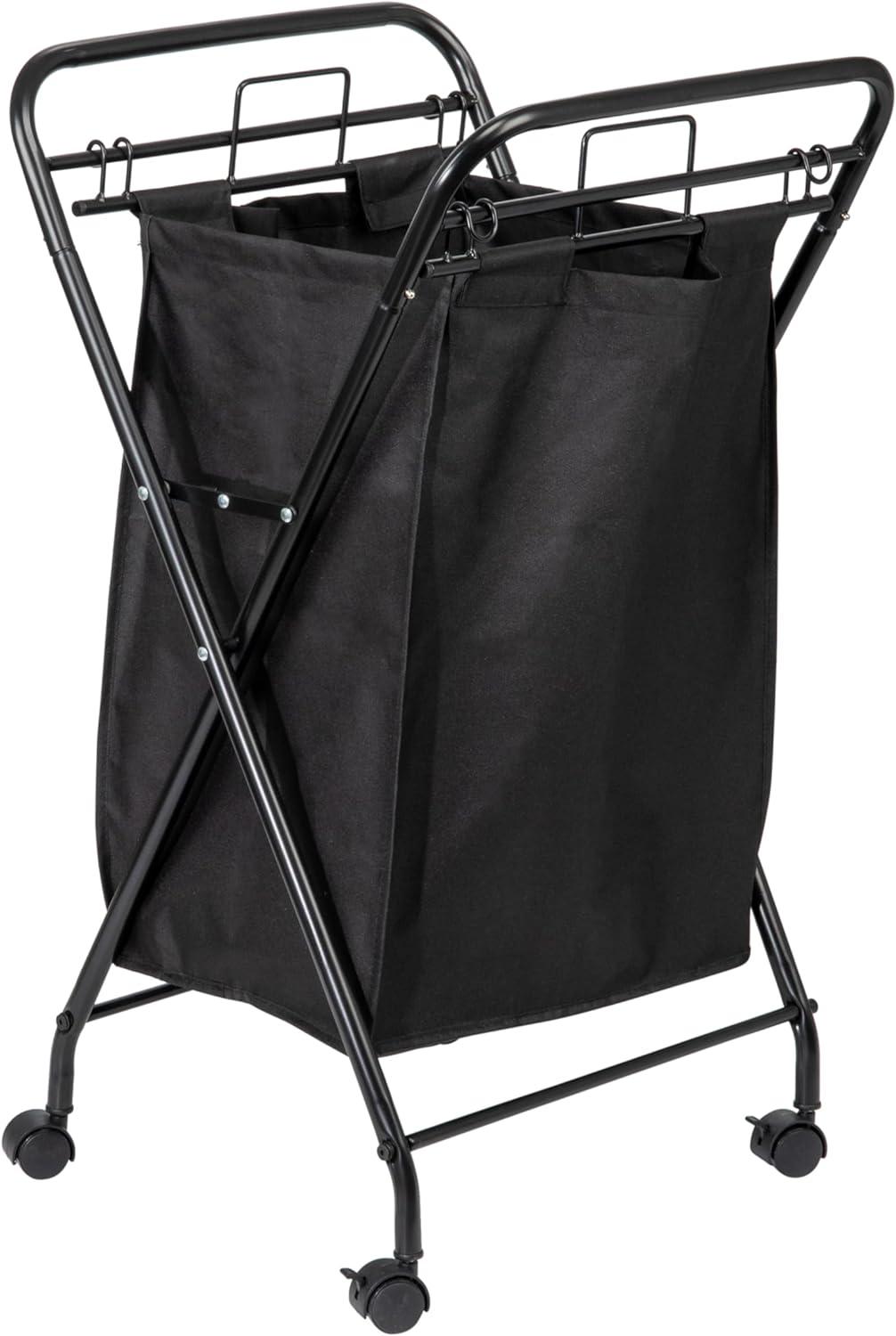 Household Essentials Rolling Laundry Hamper Heavy Duty Canvas Bag 2 Load Capacity Foldable Frame Black Bag