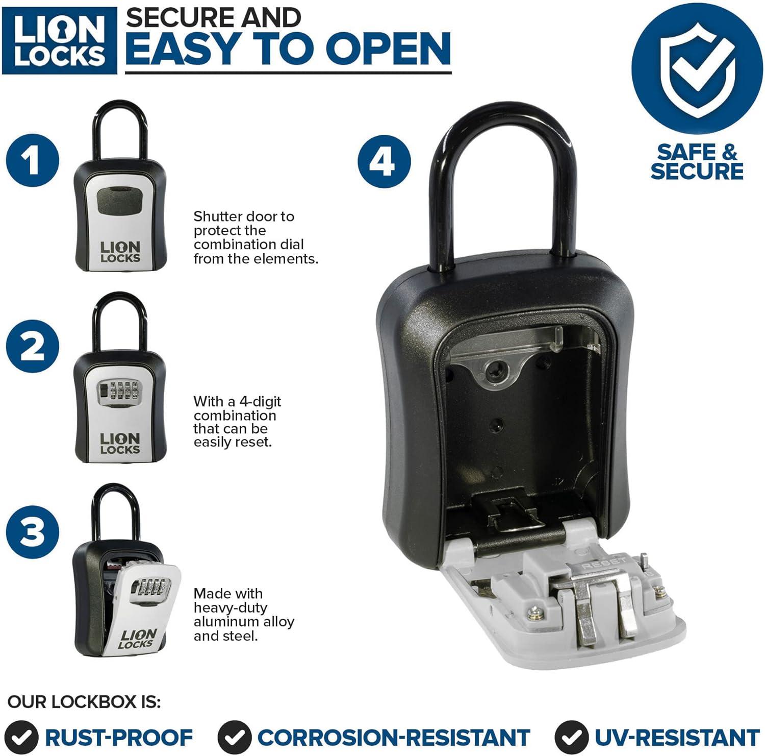 Lion Locks Key Lock Box, 4 Digit Combination Lock Box with Removeable Shackle - Lockbox for Keys Outdoor, Waterproof, Portable (Gray, 1 Pack)