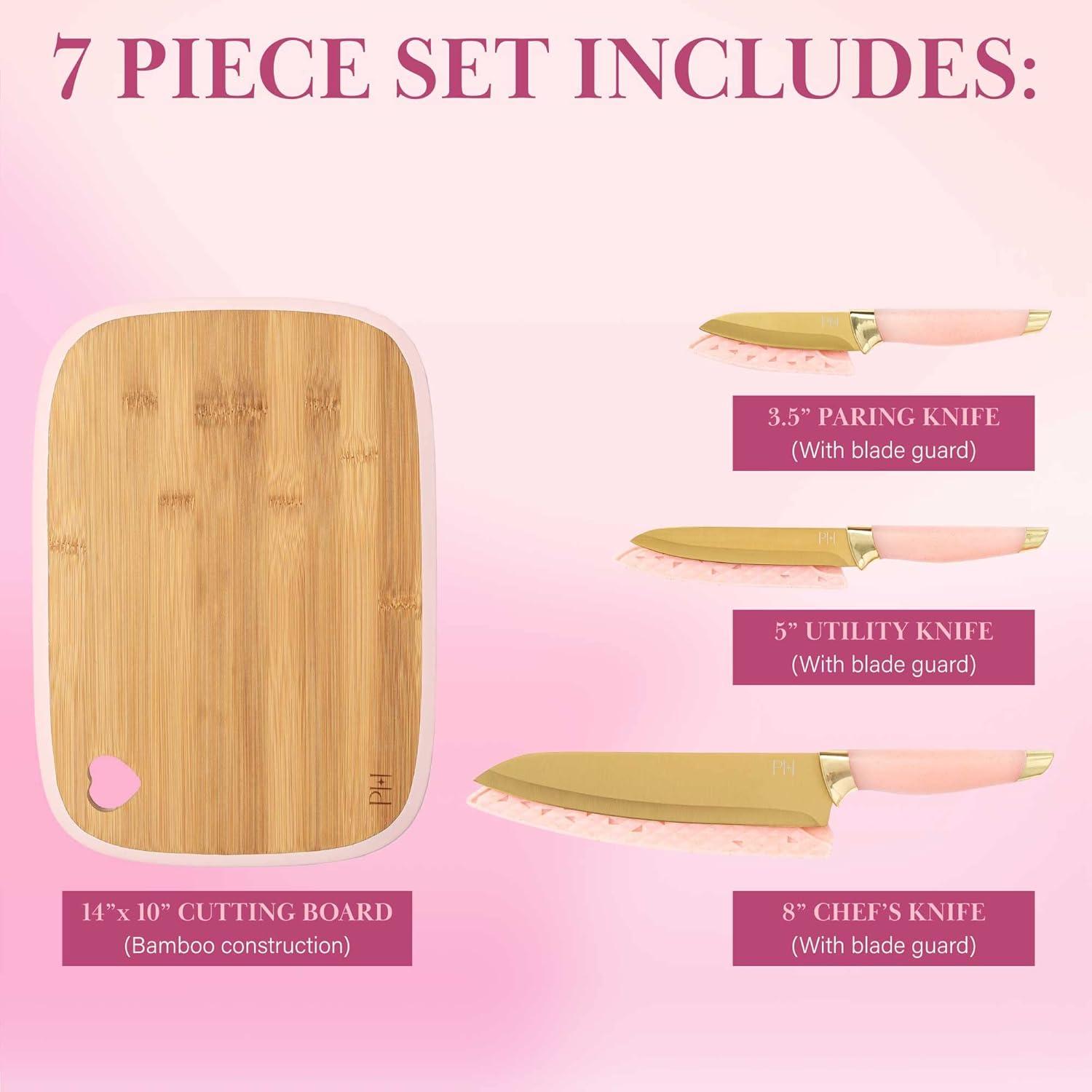 Paris Hilton 7-Piece Reversible Bamboo Heart Cutting Board and Stainless Steel Cutlery Set, Pink