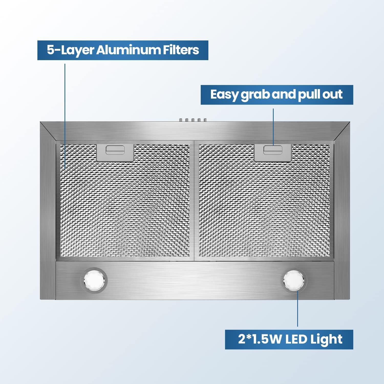 Comfee 30 Inch Ducted Pyramid Range 450 CFM Stainless Steel Wall Mount Vent Hood with 3 Speed Exhaust Fan, 5-Layer Aluminum Permanent Filters, Two LED Lights, Convertible to Ductless