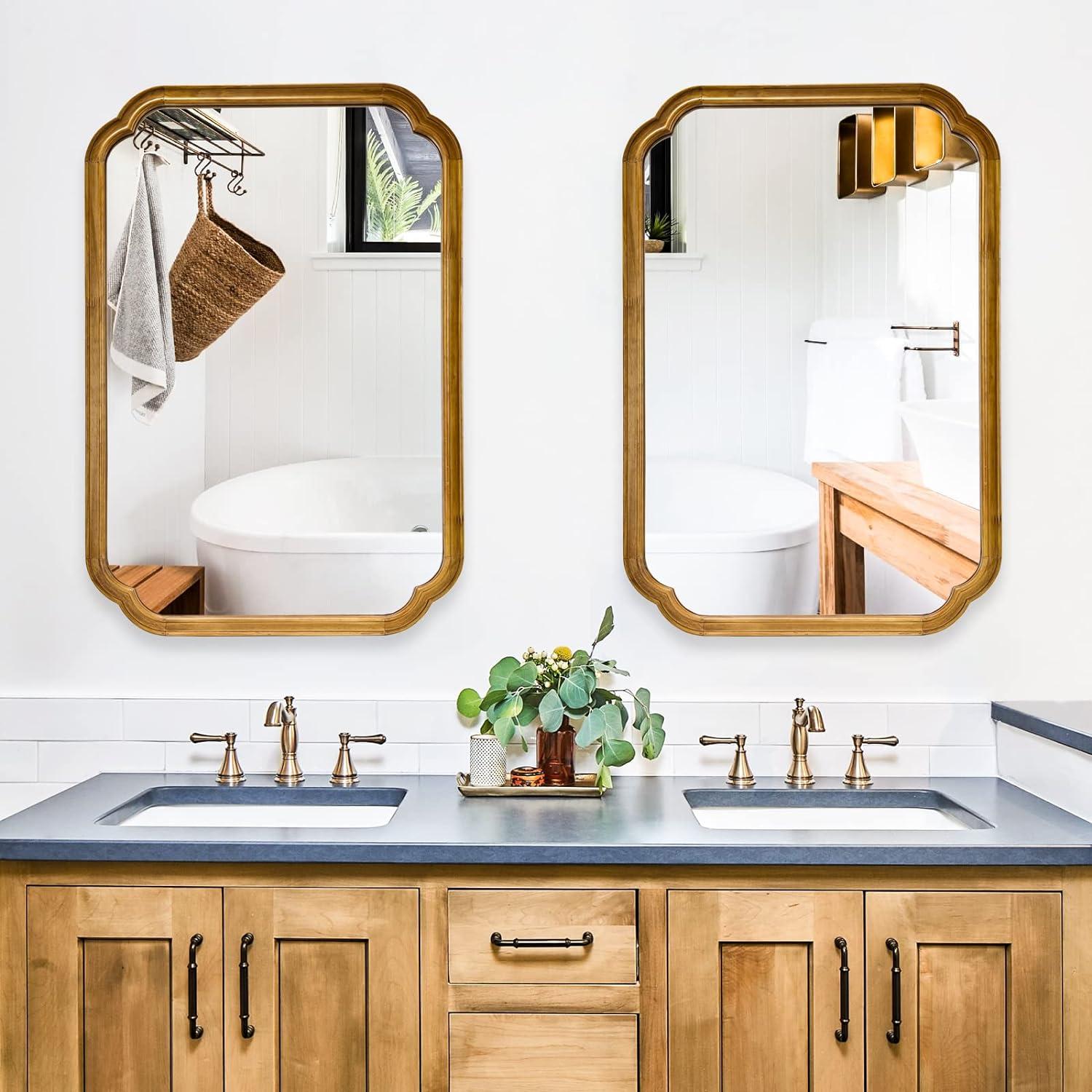 Light Brown Rectangular Wood Bathroom Vanity Mirror