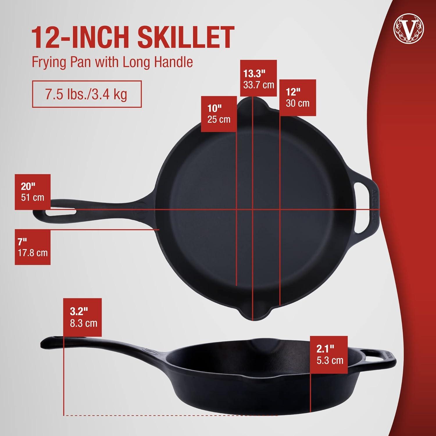 Victoria Seasoned 12" Cast Iron Skillet with Helper Handle: Preseasoned, Oven-Safe, 12 Inch, Long Handle, Lifetime Warranty