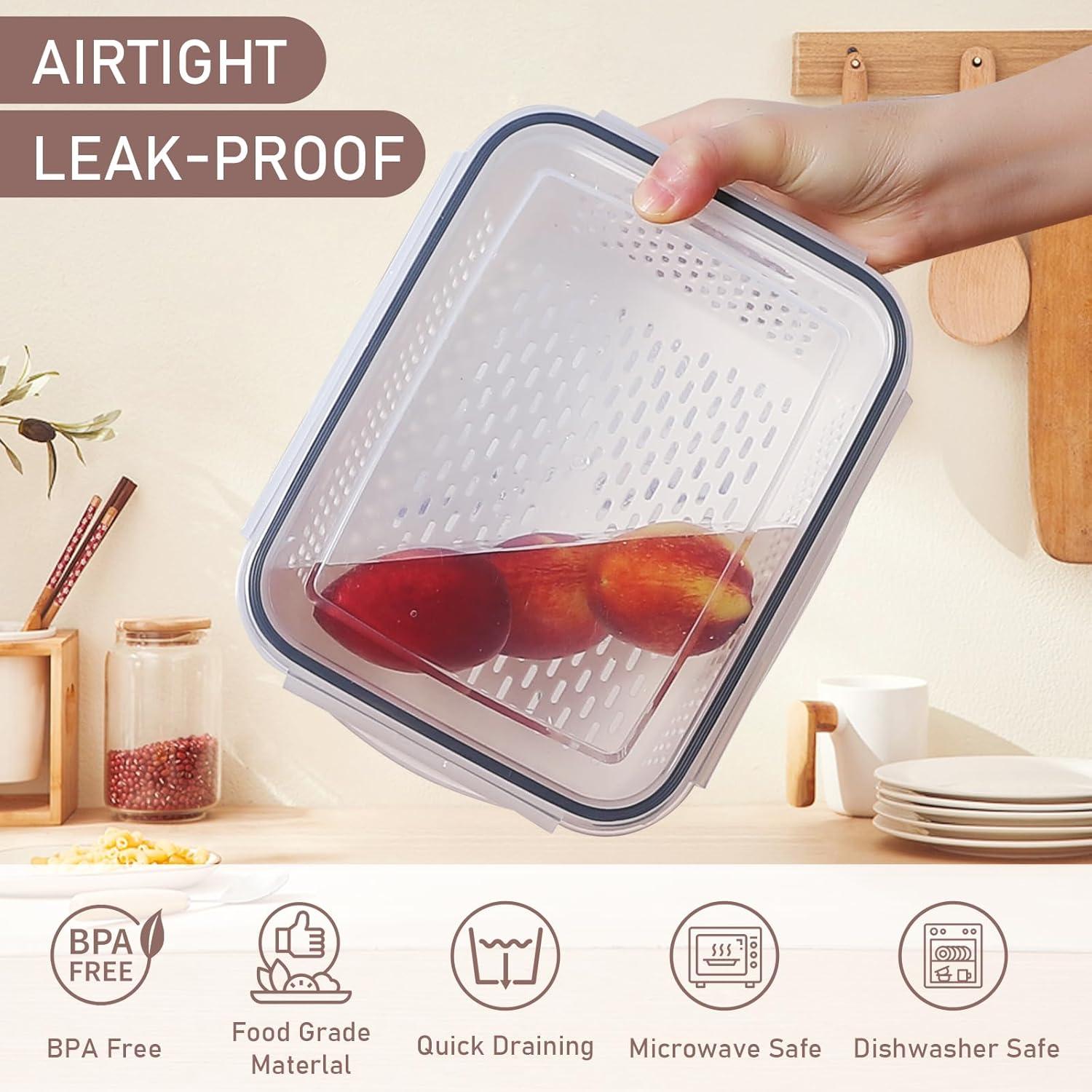 6 PCS Large Fruit Containers for Fridge - Leakproof Food Storage Containers with Removable Colander - Dishwasher & Microwave Safe Produce Containers Keep Fruits, Vegetables, Berry, Meat Fresh longer…