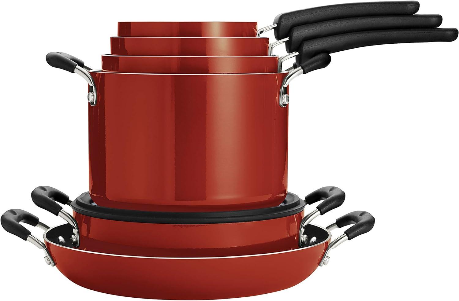 15-Piece Red Aluminum Nonstick Cookware Set with Enamel Finish