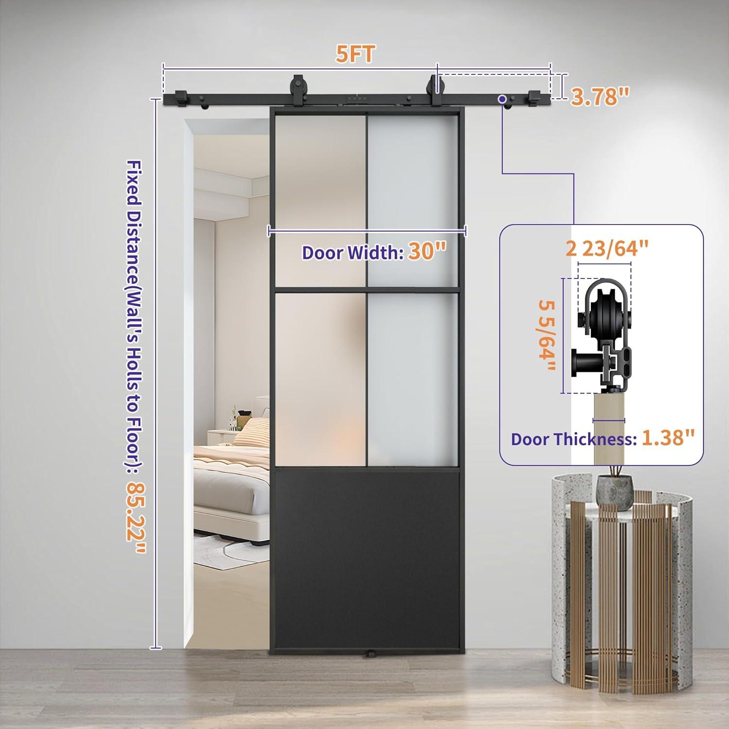 Black Aluminum and Frosted Glass Sliding Barn Door with Hardware Kit