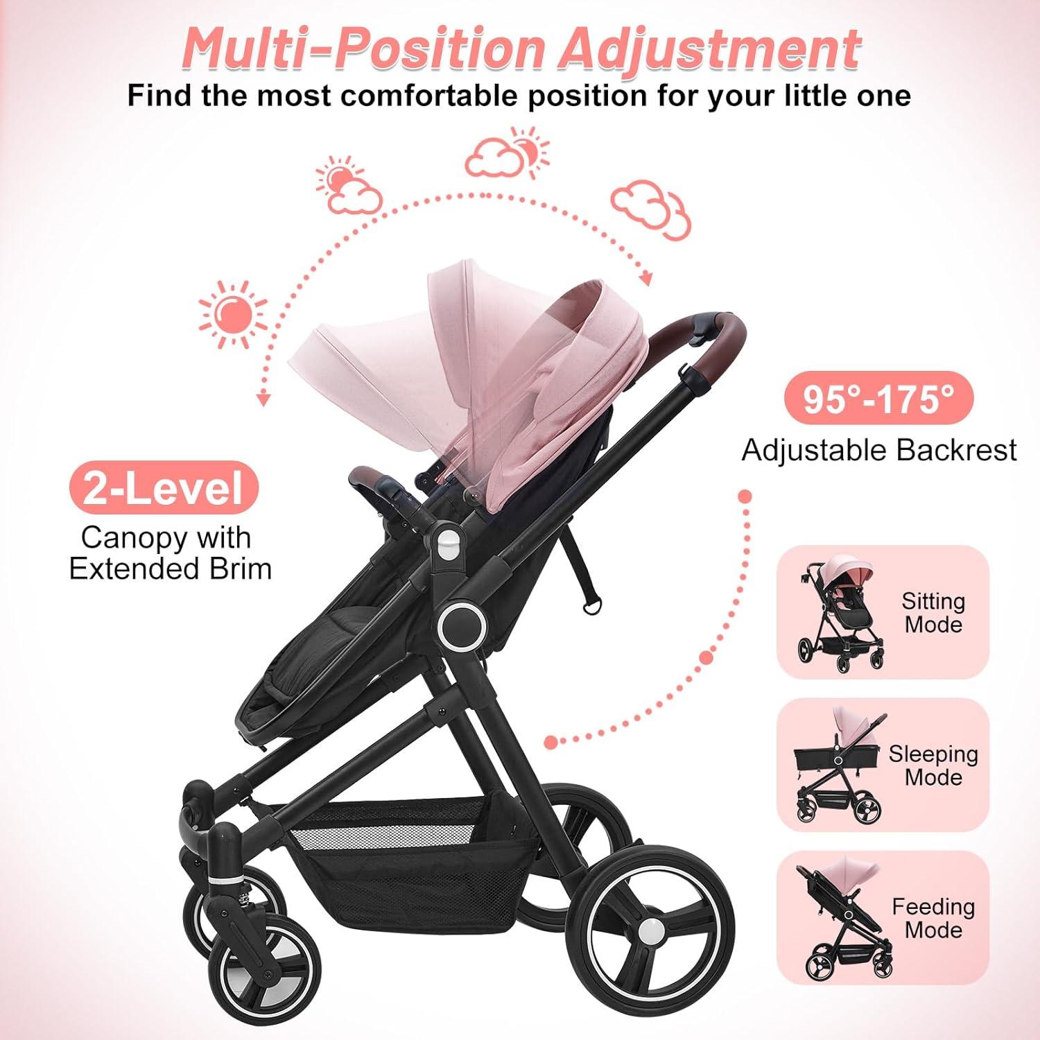 2 in 1 Baby Stroller for Toddler 0-3, Bassinet Stroller for Toddler with Large Storage Basket, Shock Absorbing，Stroller for Newborn with Removable Seat, Cup Holder，Stroller That Converts to Bassinet