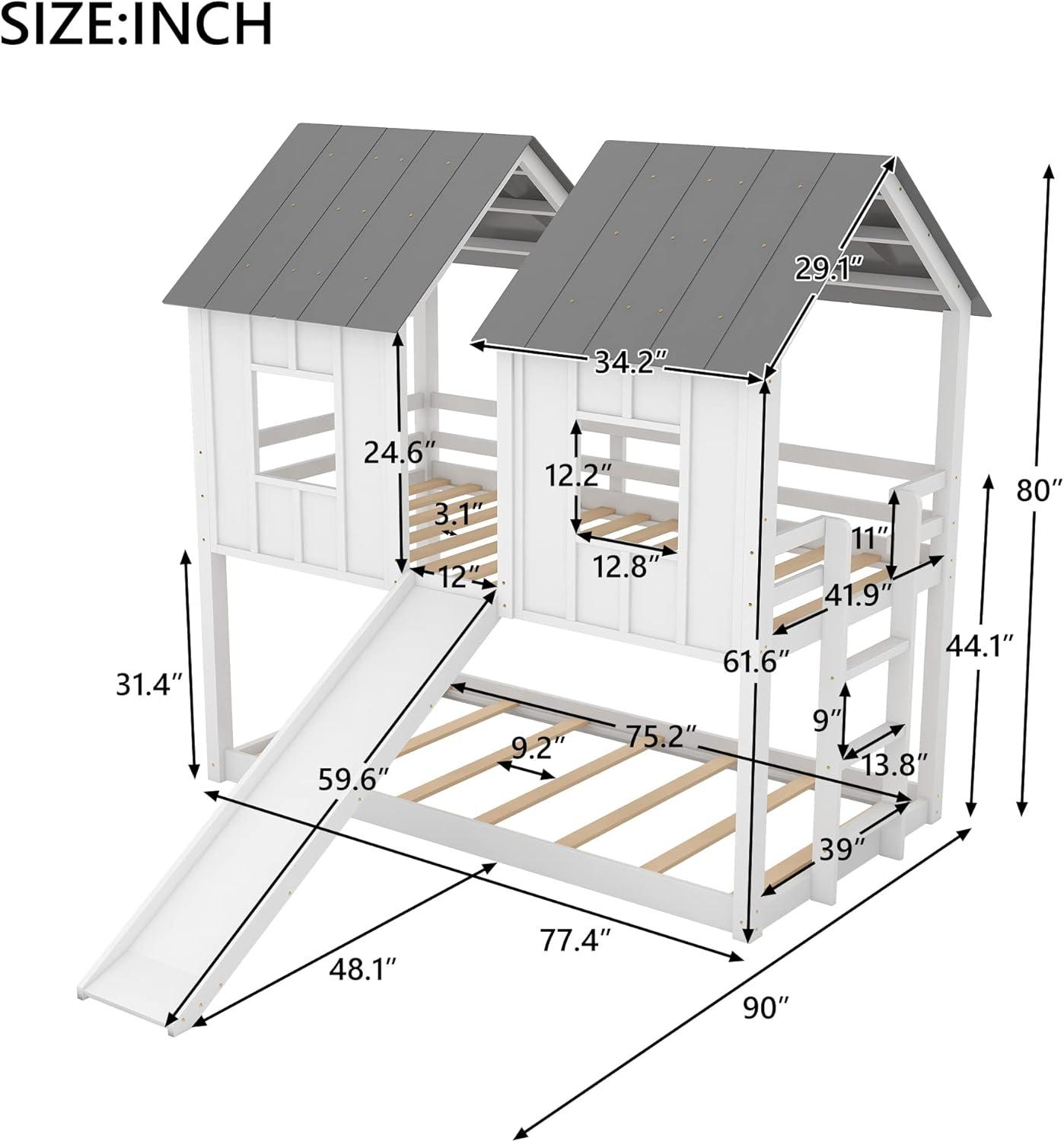 MERITLINE House Bunk Bed with Slide Twin Over Twin, Kids House Bunk Beds with Roof and Windows, Playhouse Bed for Kids, Girls, Boys, No Spring Box Needed, White