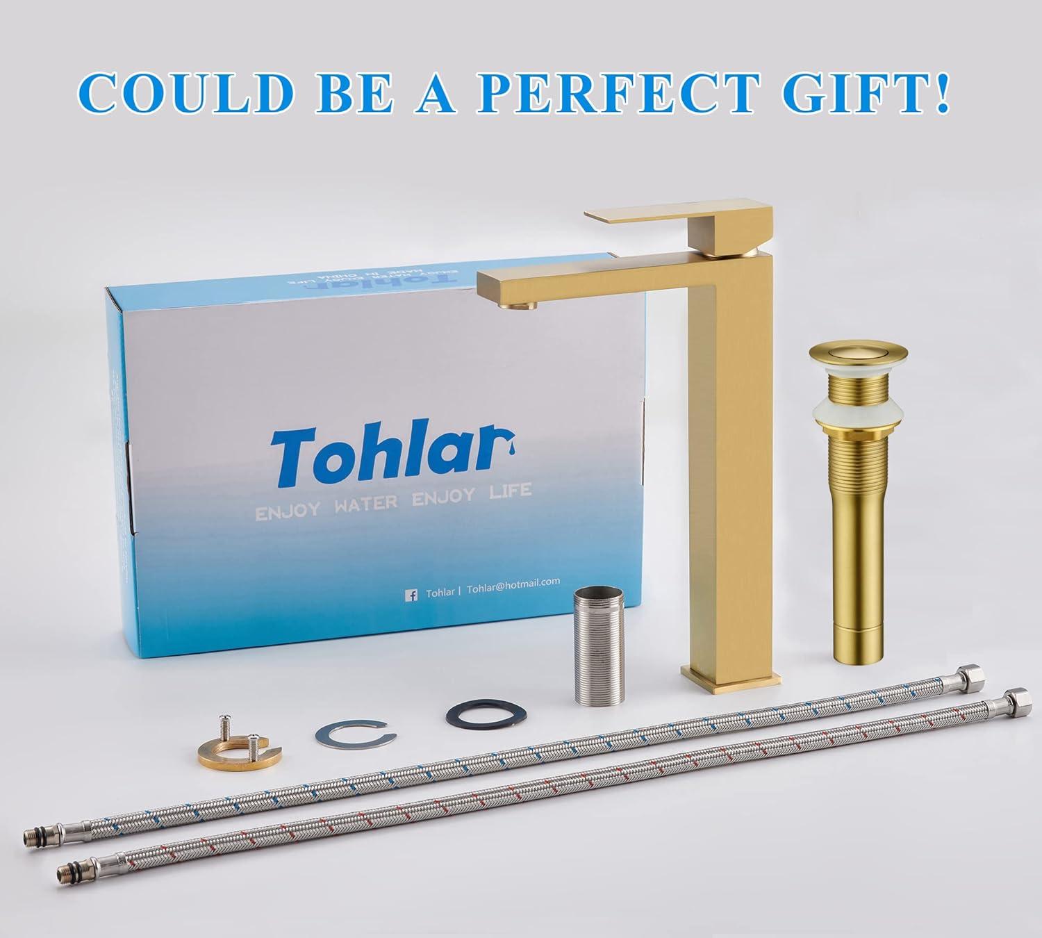 Gold Vessel Sink Faucet, Brushed Gold Tall Single Handle Bathroom Vessel Sink Faucet 1 Hole, Modern Stainless Steel Restroom Vanity Faucet with Metal Pop Up Drain and Water Supply Hose