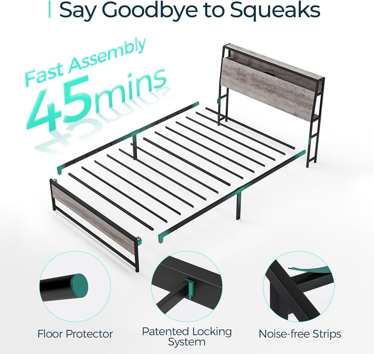 Linsy Home Queen Size Platform Bed Frame with Headboard and 3 Storage Shelves, Metal Bed with Lights, Outlets & USB, Light Grey, Mattress Not Included