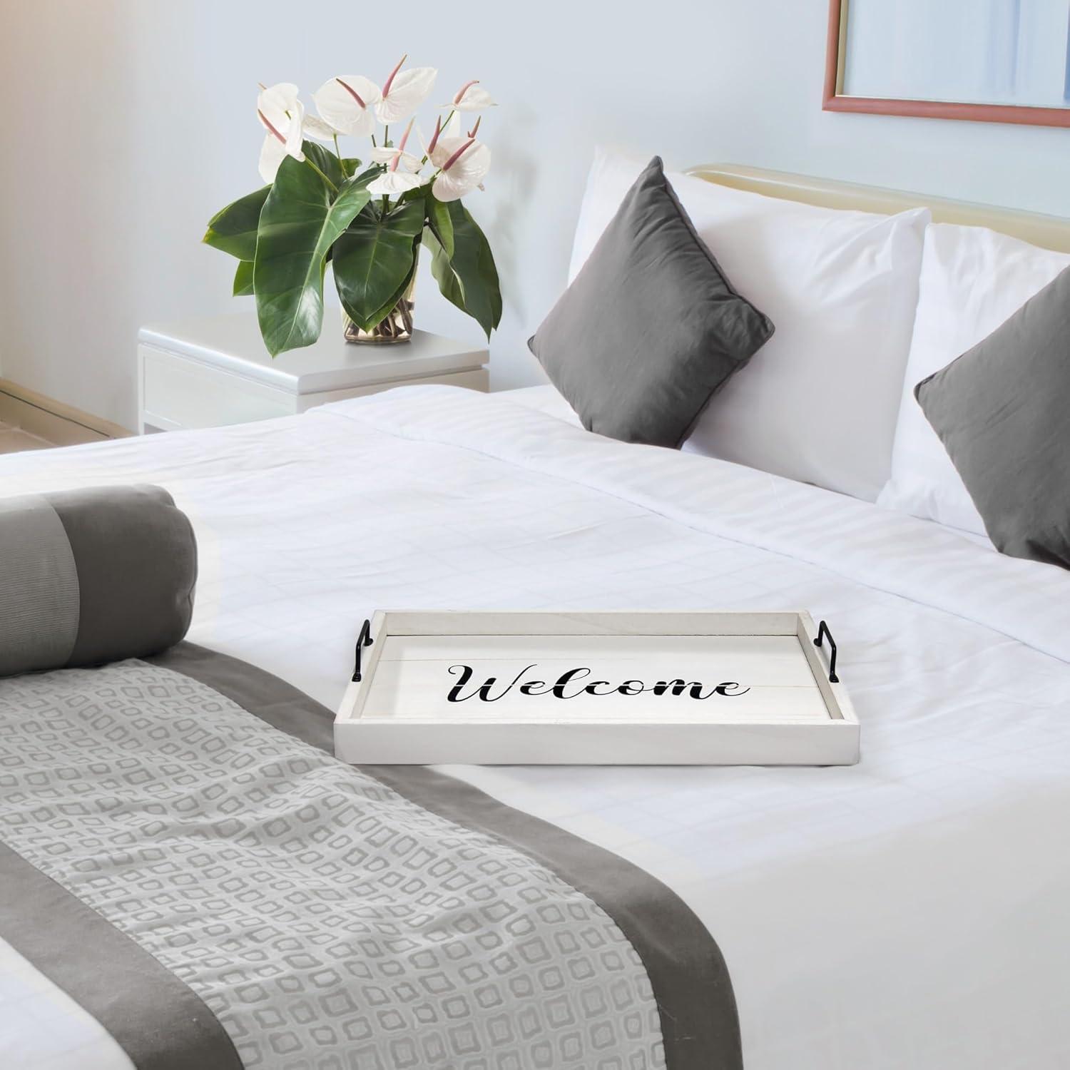 Elegant Designs 15.5" x 12" Decorative Wood Serving Tray, "Welcome", White Wash