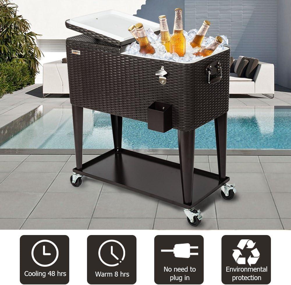 VINGLI 80 Quart Black Rattan Rolling Cooler with Shelf