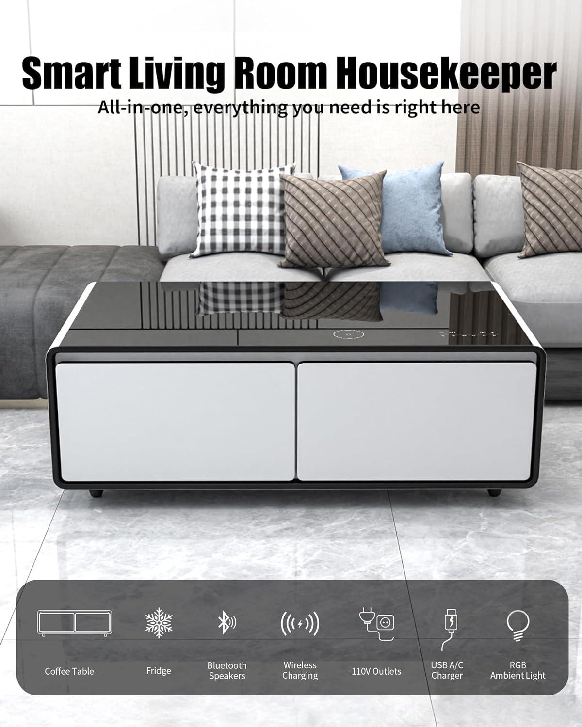 Livtab Smart Coffee Table with Built-in Fridge, Bluetooth Speakers, Wireless Charging, USB Ports and Outlets, Panel, LED Lights for Living Room, White