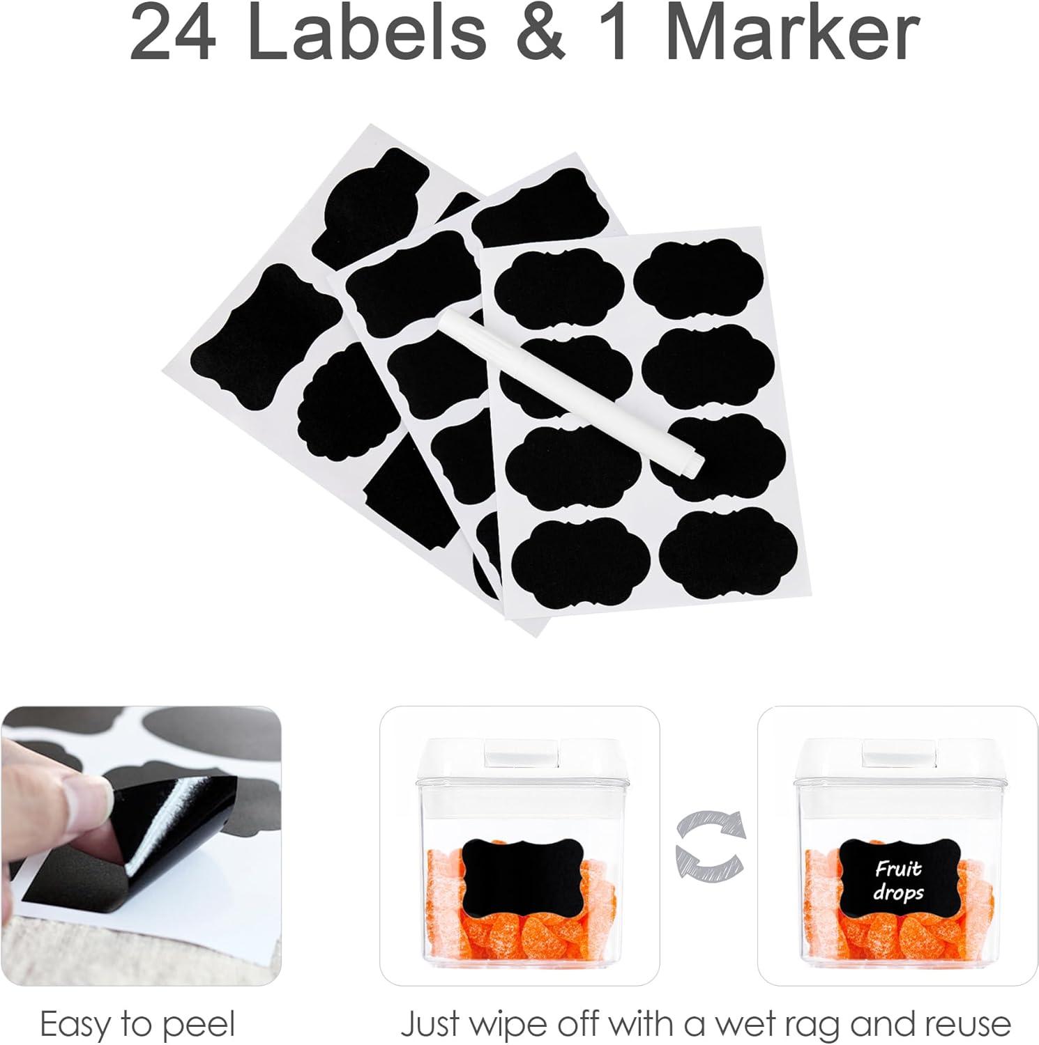 Juego de 7 Recipientes Herméticos para Almacenamiento de Despensa de Alimentos con Marcador de Borrado en Seco y Etiquetas, Negro