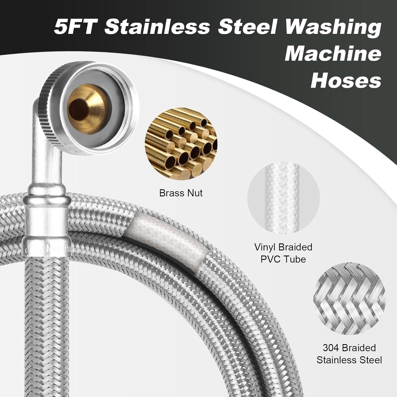 2-Pack Premium Stainless Steel Washing Machine Hoses - 5 FT No-Lead Burst Proof Water Inlet Supply Lines - Universal 90 Degree Elbow Connection