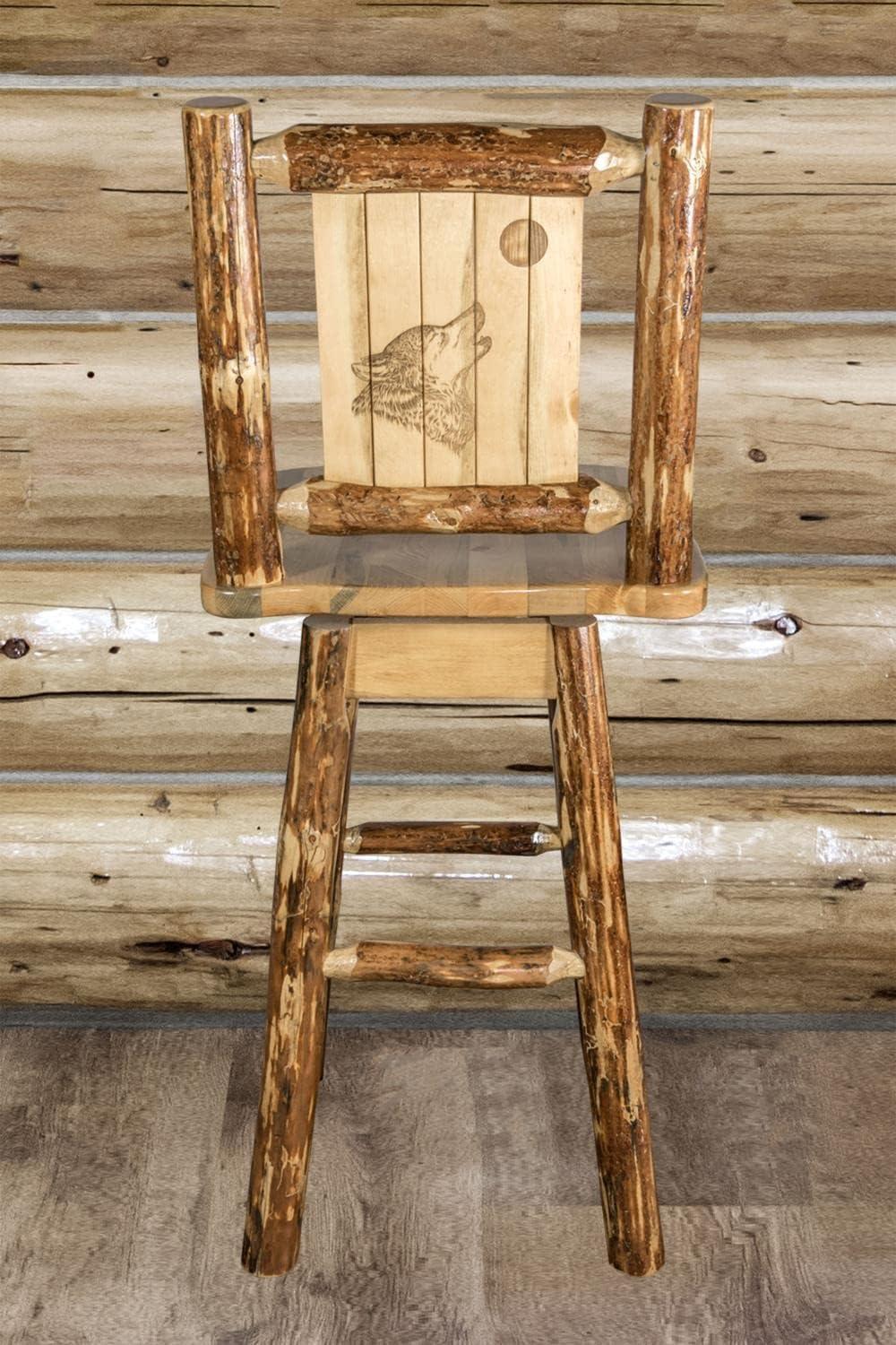 Rustic Lodge Pole Pine Swivel Barstool with Laser-Engraved Wolf