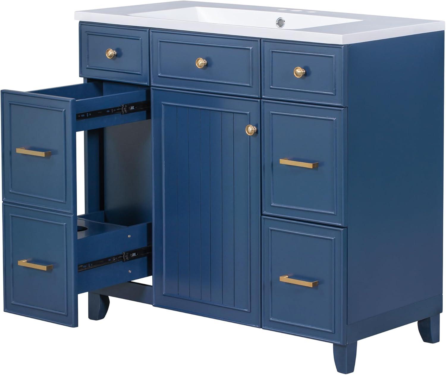 Navy Blue 36" Solid Wood Bathroom Vanity with Gold Handles