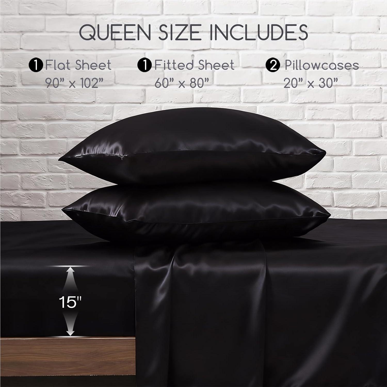 MR&HM Satin Sheet Set Queen 4 Pcs, Silky Elegant Luxurious Queen Size Bed Sheets, with Flat Sheet, Deep Pocket Fitted Sheet for Mattress and Matching Satin Pillow Cases (Queen Size, Black)