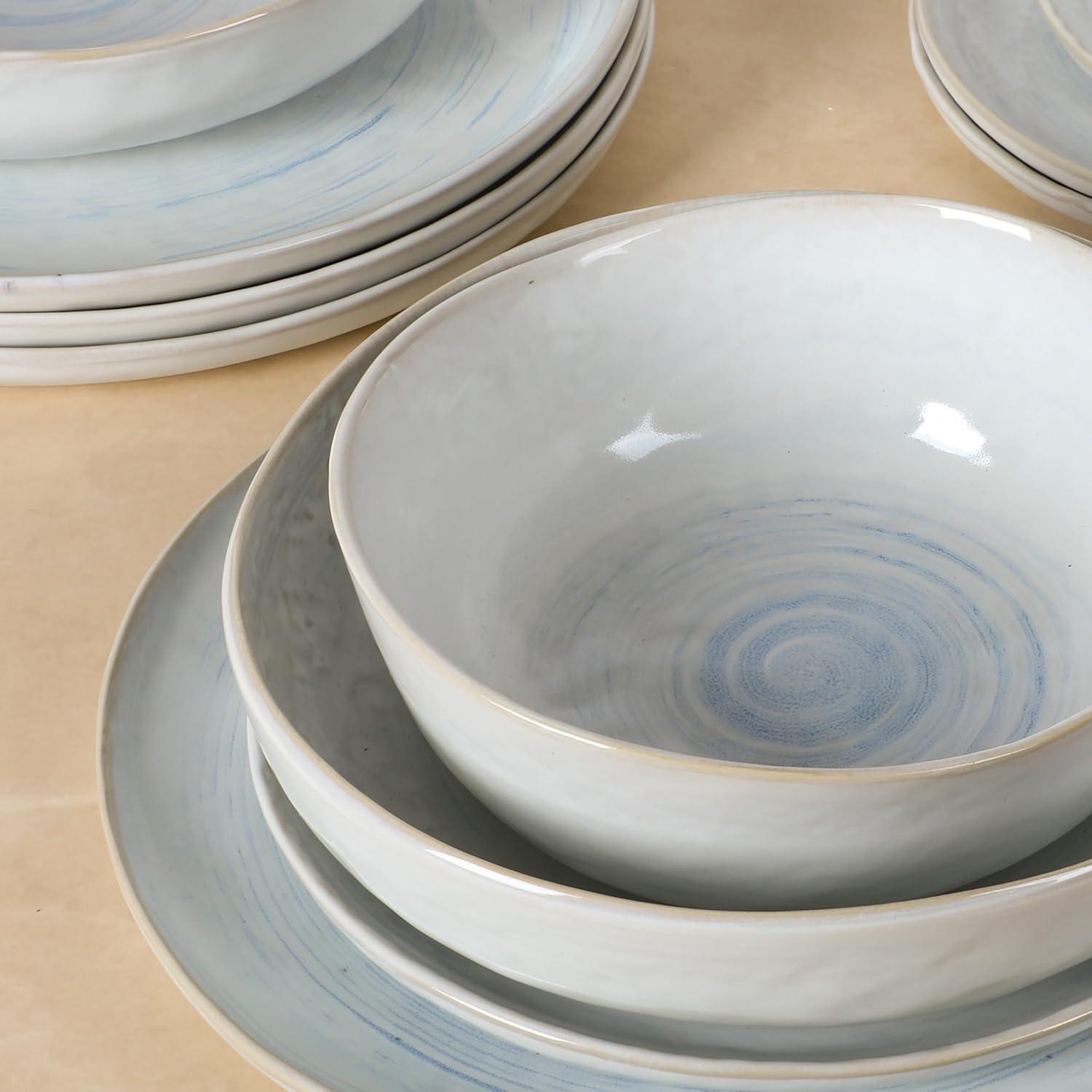 Gibson Elite Auckland Blue Swirl Stoneware Reactive Glaze 16 Piece Plates and Bowls Dinnerware Set (Set of 4)