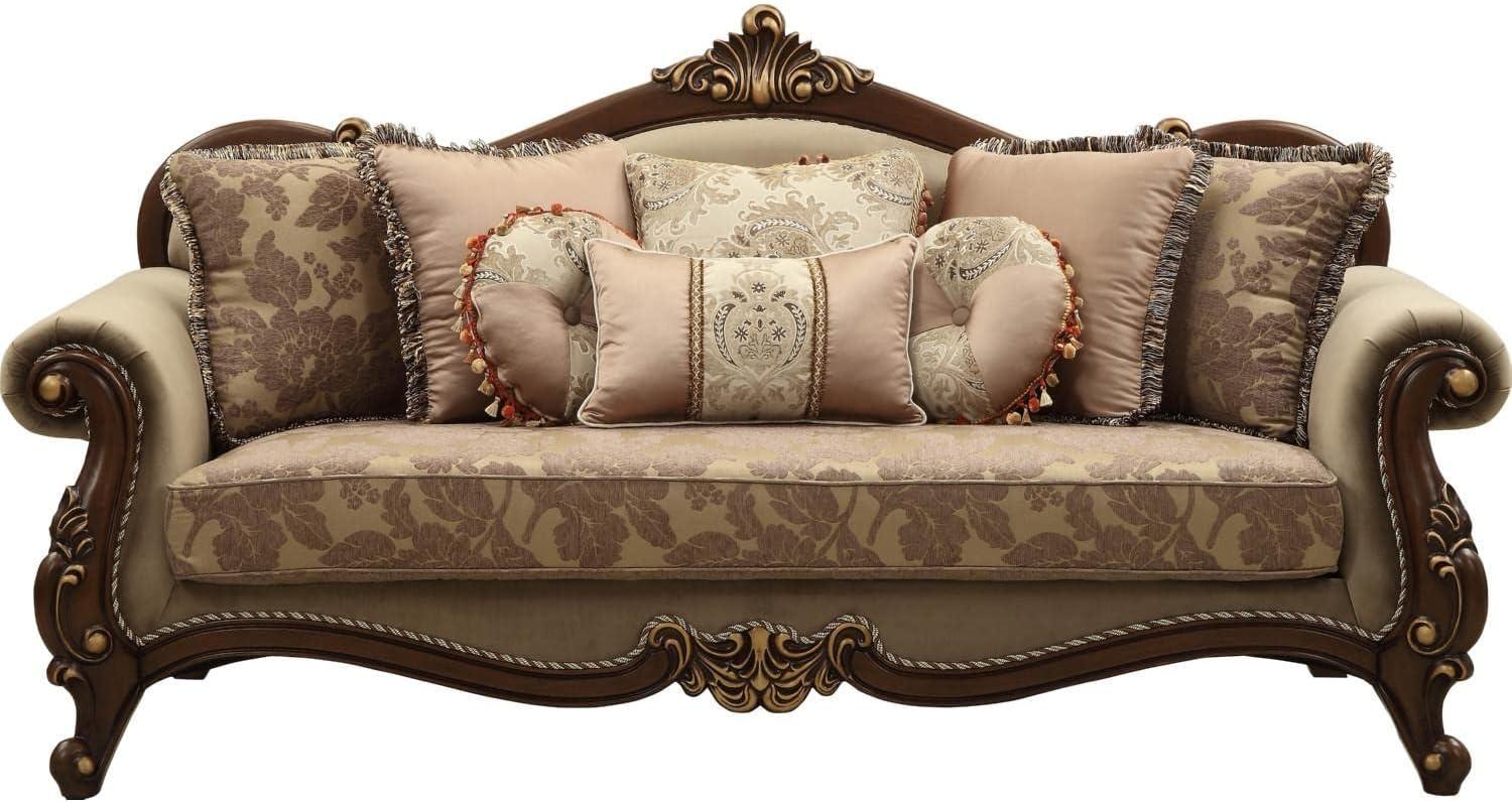 Elegant Walnut Velvet Rolled Arm Sofa with 8 Pillows