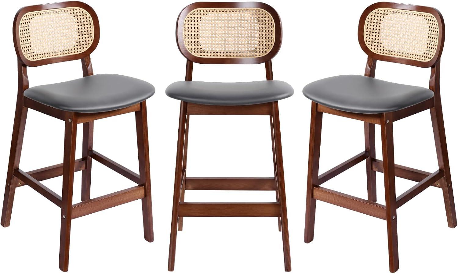 Lucky Monet 25.2" Upholstered Wood Counter Height Bar Stools w/ Rattan Back - 36.81"H x 17.72"W x 18.7"D Set of 3 - White Boucle Fabric/ Natural Frame