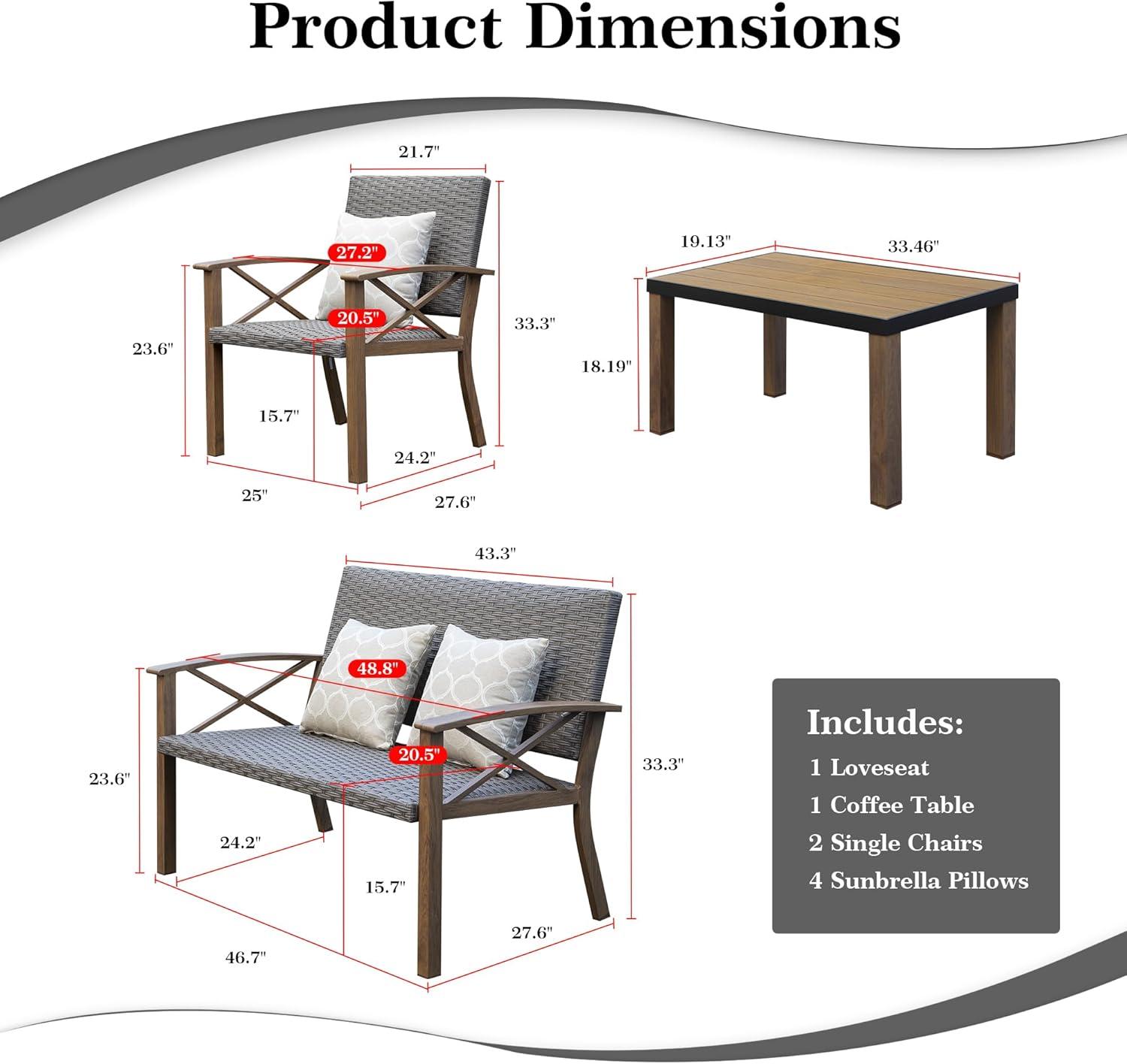 Domi Aluminum Patio Furniture Set, 4-Piece Modern Conversation Set with Cotton Padding Backrests and Seats, Outdoor Sectional Metal Sofa Set with 5.5 Inch Cushion and Coffee Table for Balcony, Garden